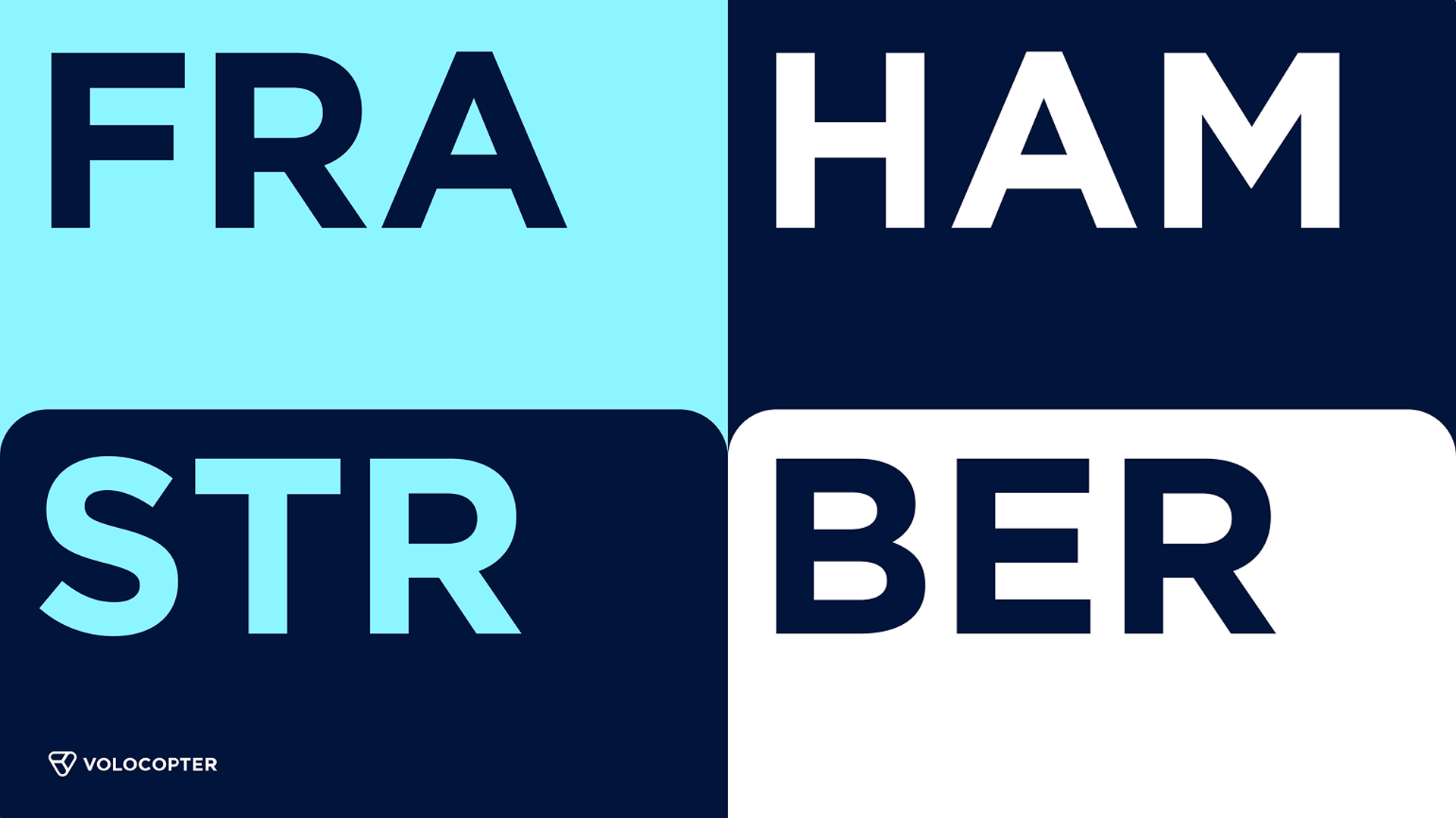 Städtekürzel FRA, HAM, STR, BER in neuer Typografie auf Bright Blue, Dark Blue und Weiß zeigt Layoutprinzip mit oberen abgerundeten Ecken, die an mobile Tickets erinnern