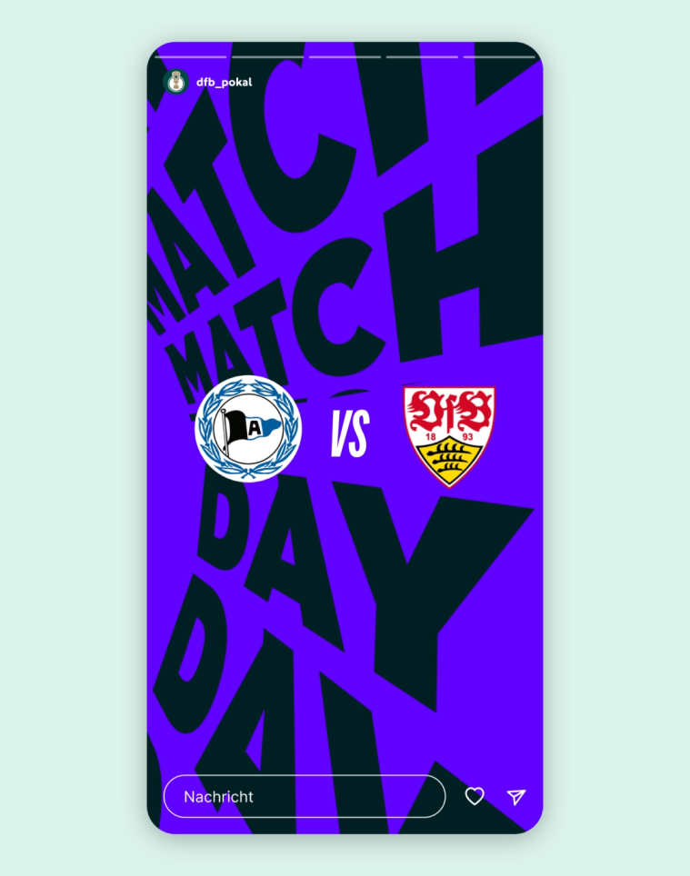 Social-Media-Story-Mockup von dfb_pokal mit Matchday, Vereinslogos von Arminia Bielefeld und VfB Stuttgart. 
