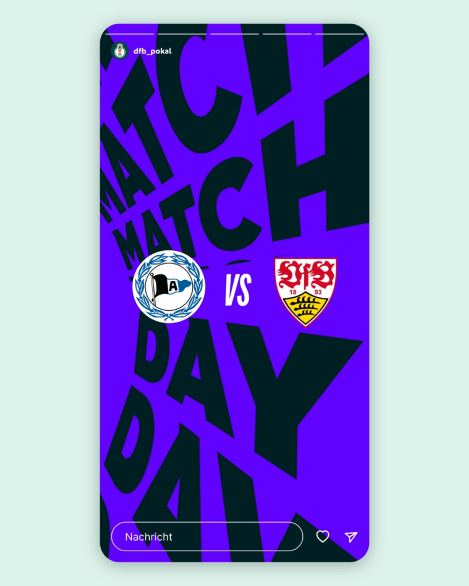 Social-Media-Story-Mockup von dfb_pokal mit Matchday, Vereinslogos von Arminia Bielefeld und VfB Stuttgart.