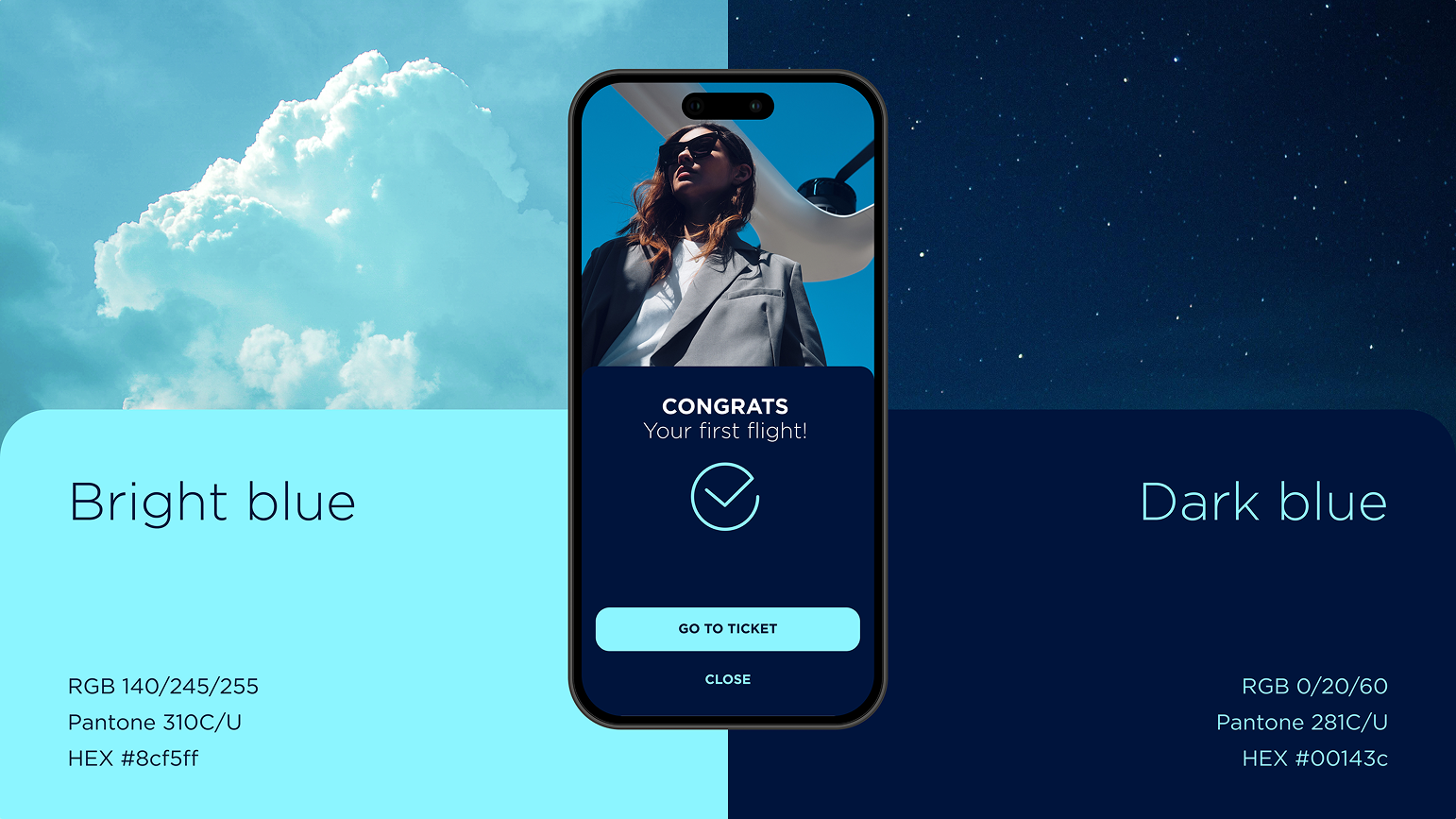 Farbsystem: „Bright blue" (#8cf5ff) und „Dark blue" (#00143c) mit App-Screen „CONGRATS – Your first flight!"