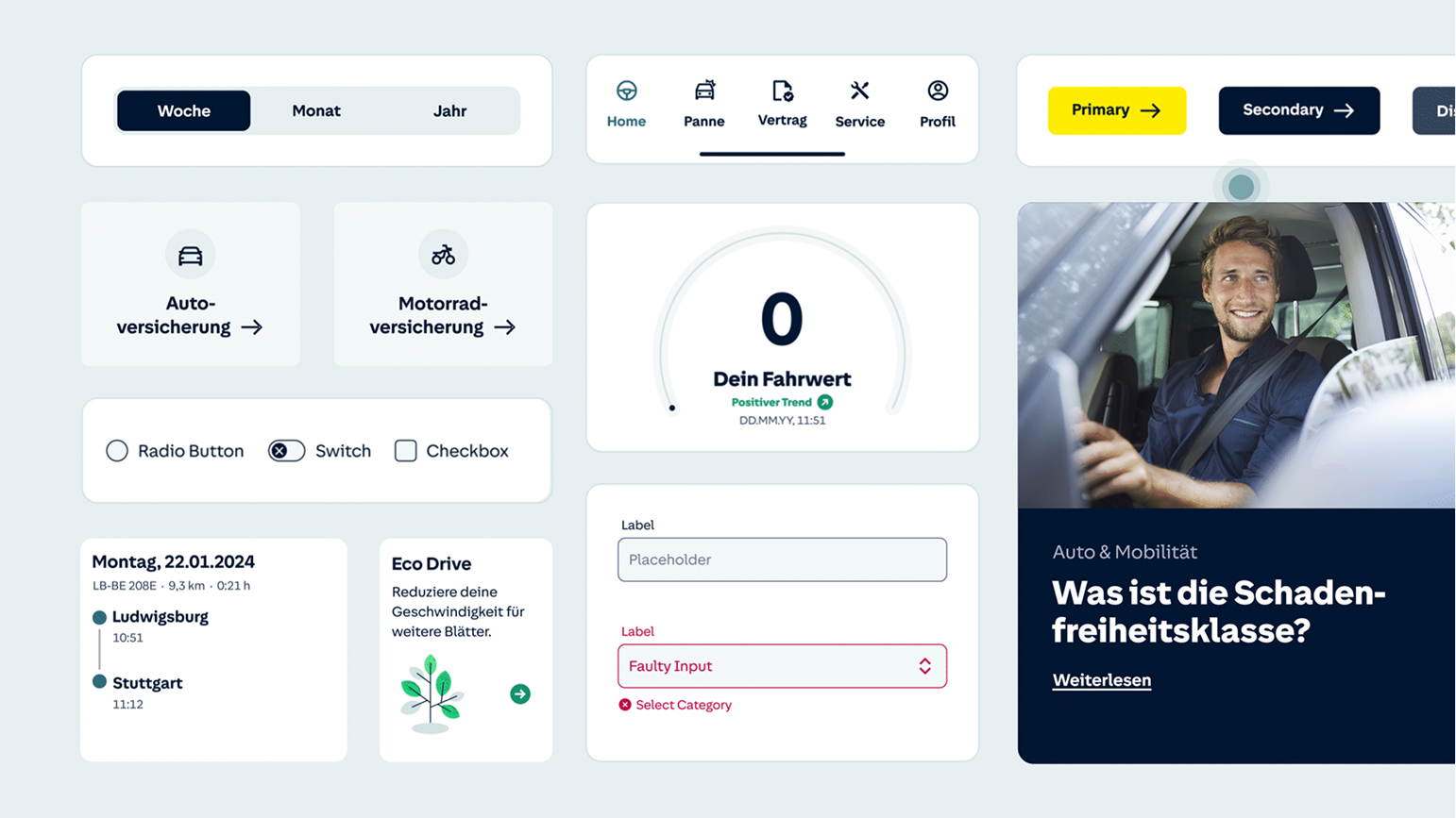 UI components of the HUK design: The interface features interactive tiles for car and motorcycle insurance, a mileage display, a date range selector, form fields with error messages, and a news article featuring a driver.