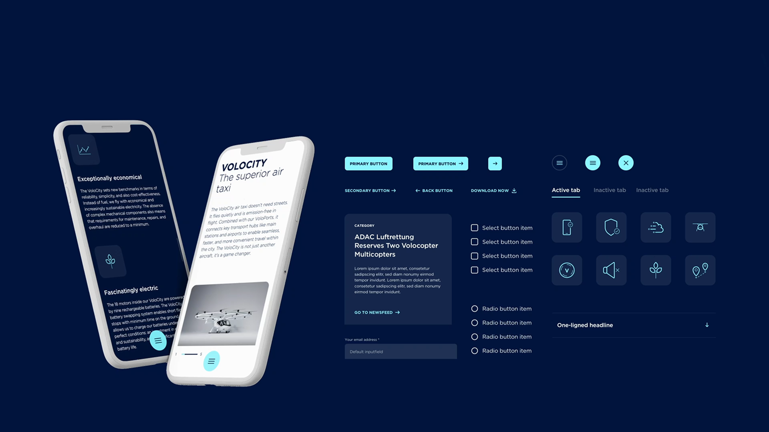 Volocopter UI design: two app mockups on smartphones and UI component overview with buttons, icons, and tabs