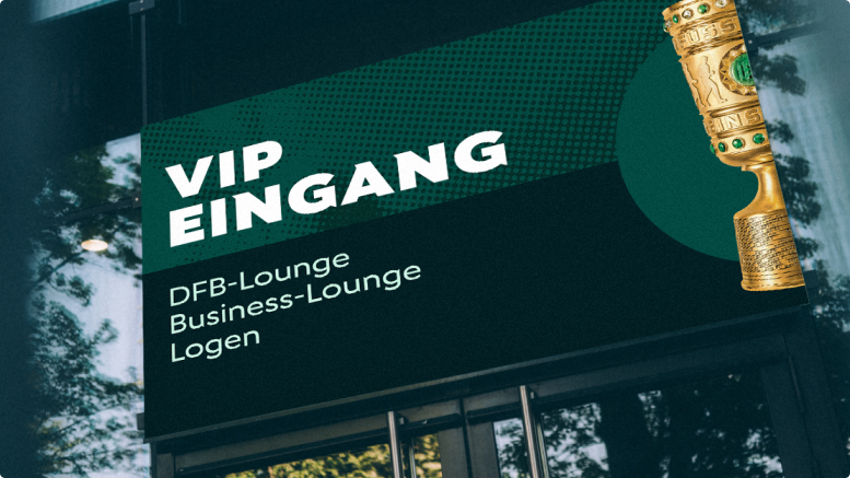 Beschilderung VIP Eingang DFB-Lounge, Business-Lounge, Logen im DFB-Pokal-Design mit Pokalmotiv. 