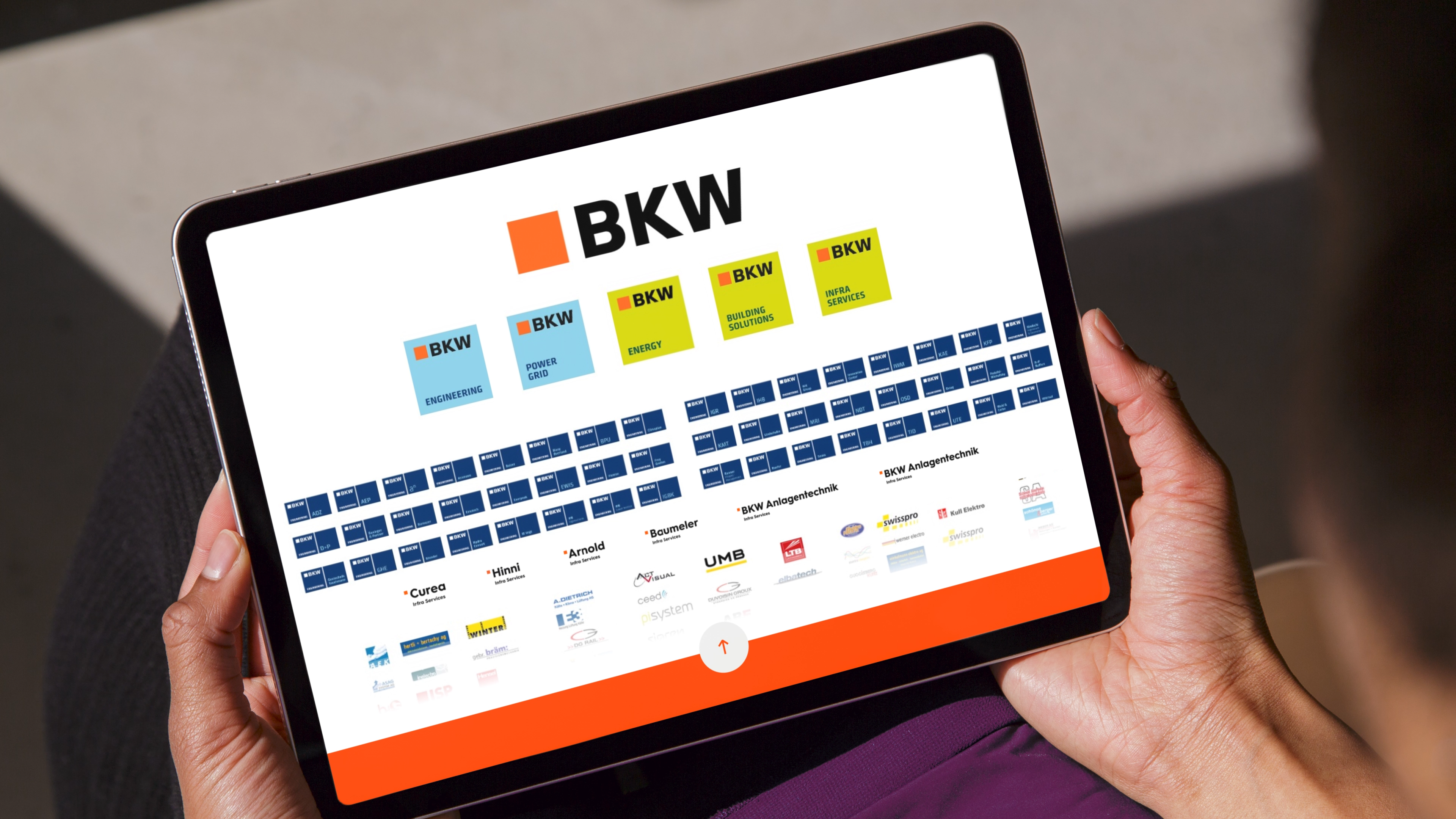 The tablet shows the transition from BWK's old brand architecture—which featured many individual brands—to a new, simplified brand architecture with few sub-brands and a strengthened umbrella brand.