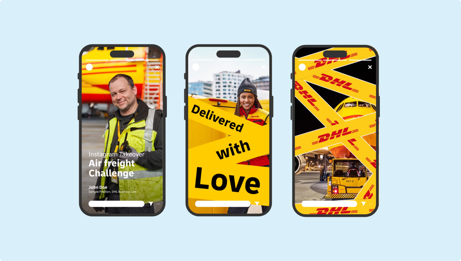 Drei Smartphone Mockups zeigen DHL Social Media Layouts: Ein Mitarbeiter Foto mit Text „Instagram Takeover“, ein Porträt mit Text „Delivered with Love“ und DHL Designbänder über einem Flughafen Motiv.
