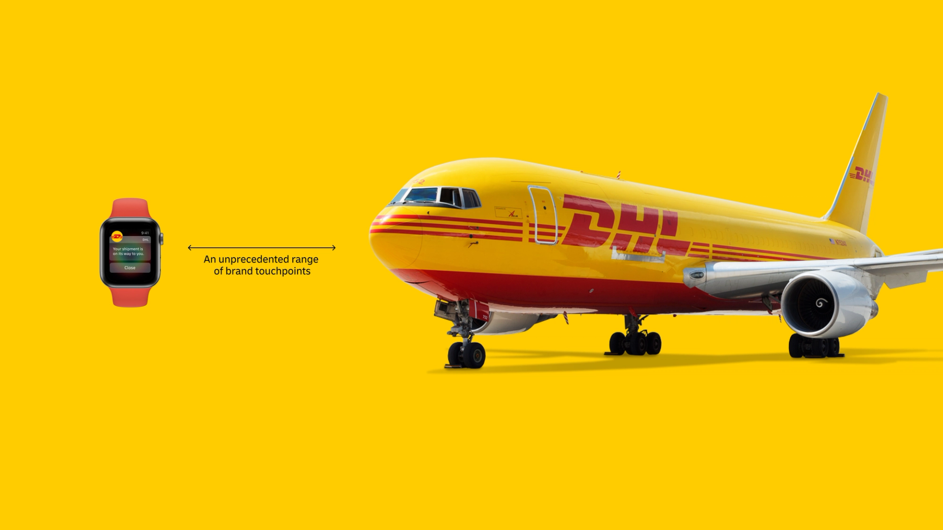 A smartwatch displaying a DHL notification next to a DHL cargo plane, both set against a yellow background. Between them is the text âA wide range of touchpointsâ accompanied by a double-headed arrow.