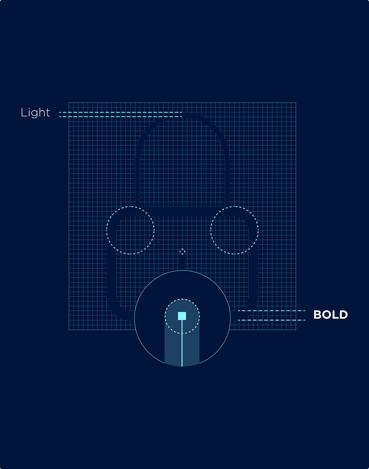 Volocopter Icon-System: Konstruktionsraster eines Schloss-Icons mit beschrifteten Strichstärken Light und Bold