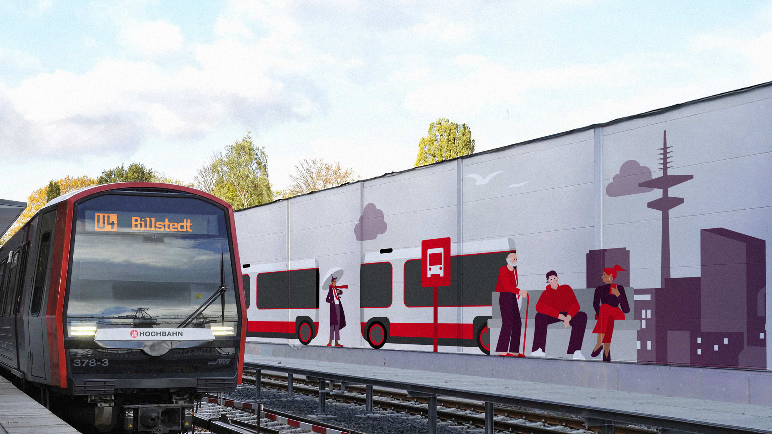 Eine U-Bahn vor einer großen Wand mit einer typischen Hochbahn Illustration.