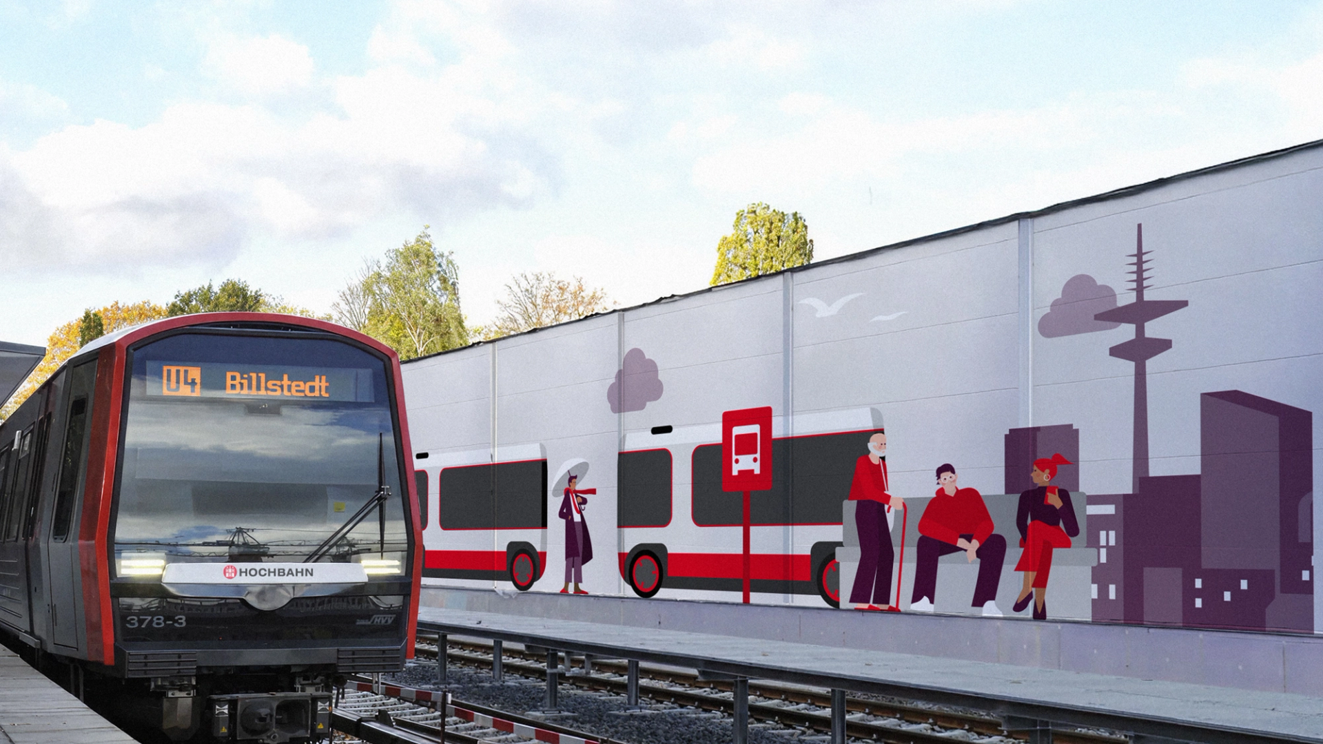 Eine U-Bahn vor einer großen Wand mit einer typischen Hochbahn Illustration.