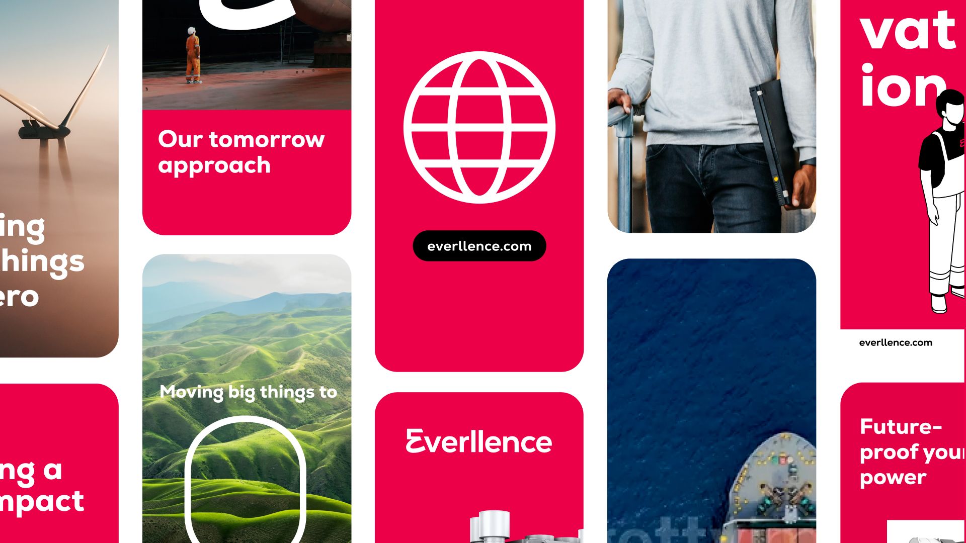 An animated GIF showcasing the Everllence brand identity through a dynamic grid where various elements (including industrial photography, sustainability icons, and corporate messaging) alternately expand to fill the frame. 