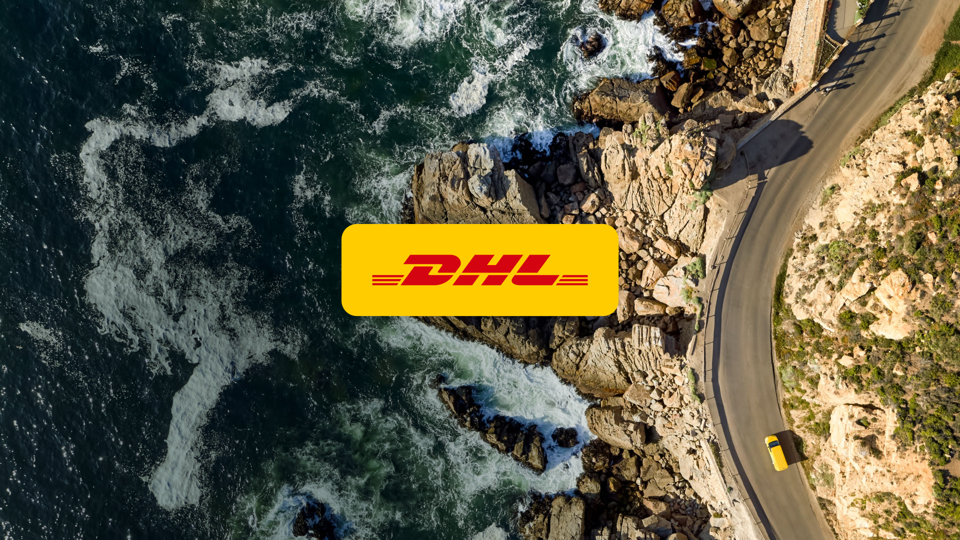 Aerial view of a coastal road along cliffs with an overlaid DHL logo and a yellow delivery van.