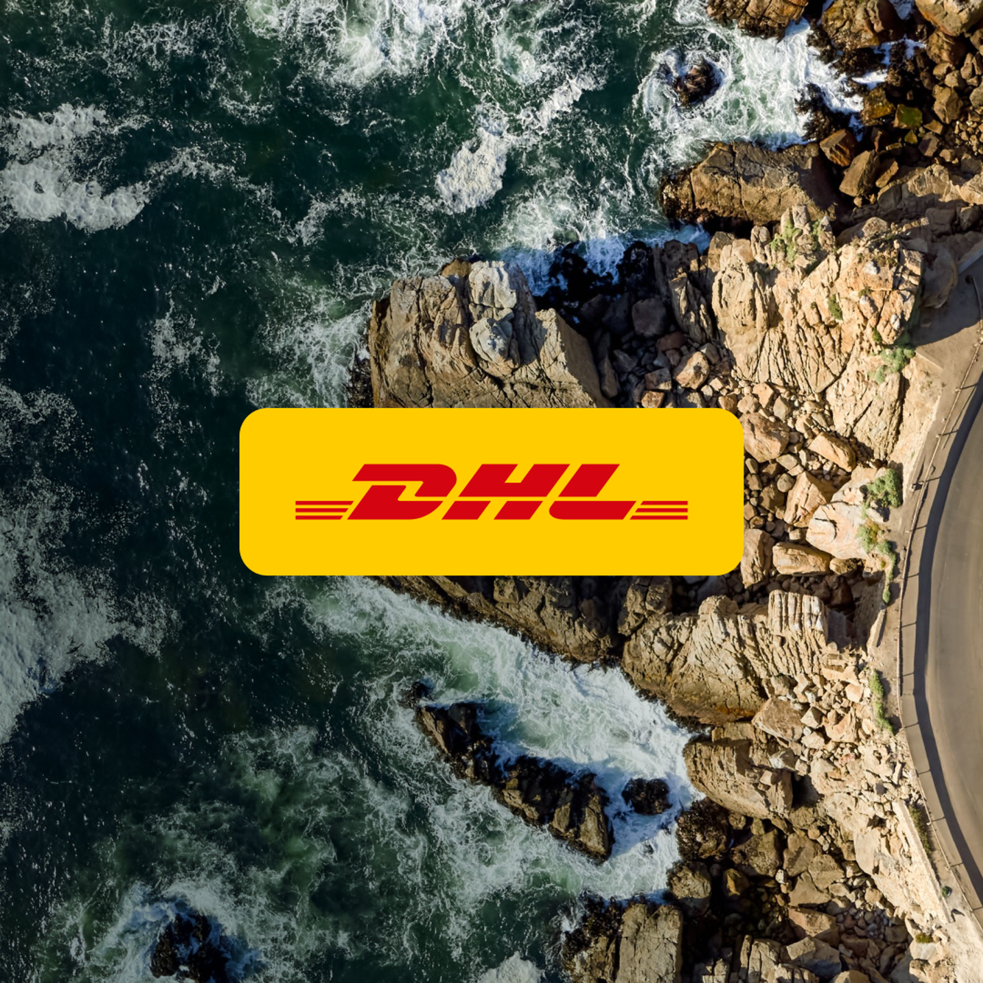Aerial view of a coastal road along cliffs with an overlaid DHL logo and a yellow delivery van.