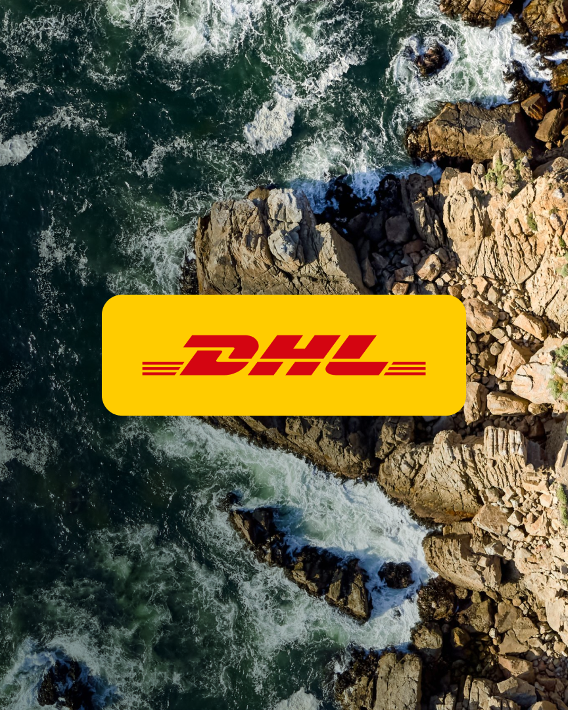 Aerial view of a coastal road along cliffs with an overlaid DHL logo and a yellow delivery van.