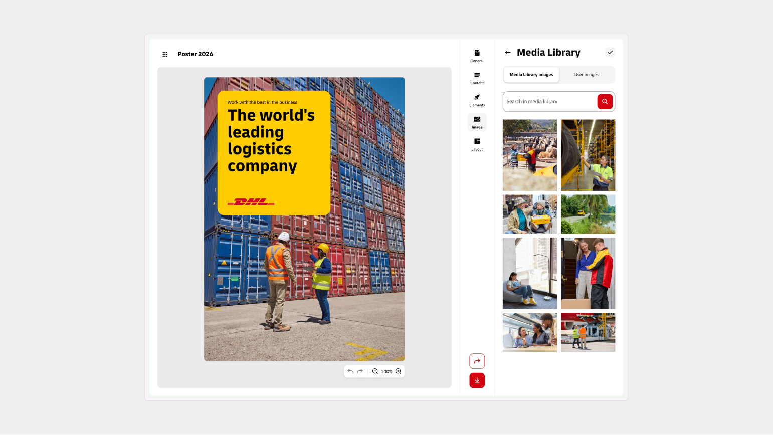 Screencast des DHL Layout Creators: Schritt für Schritt Erstellung eines Posters von der Formatauswahl über Text-, Icon- und Bildanpassungen bis zum Pdf Download.