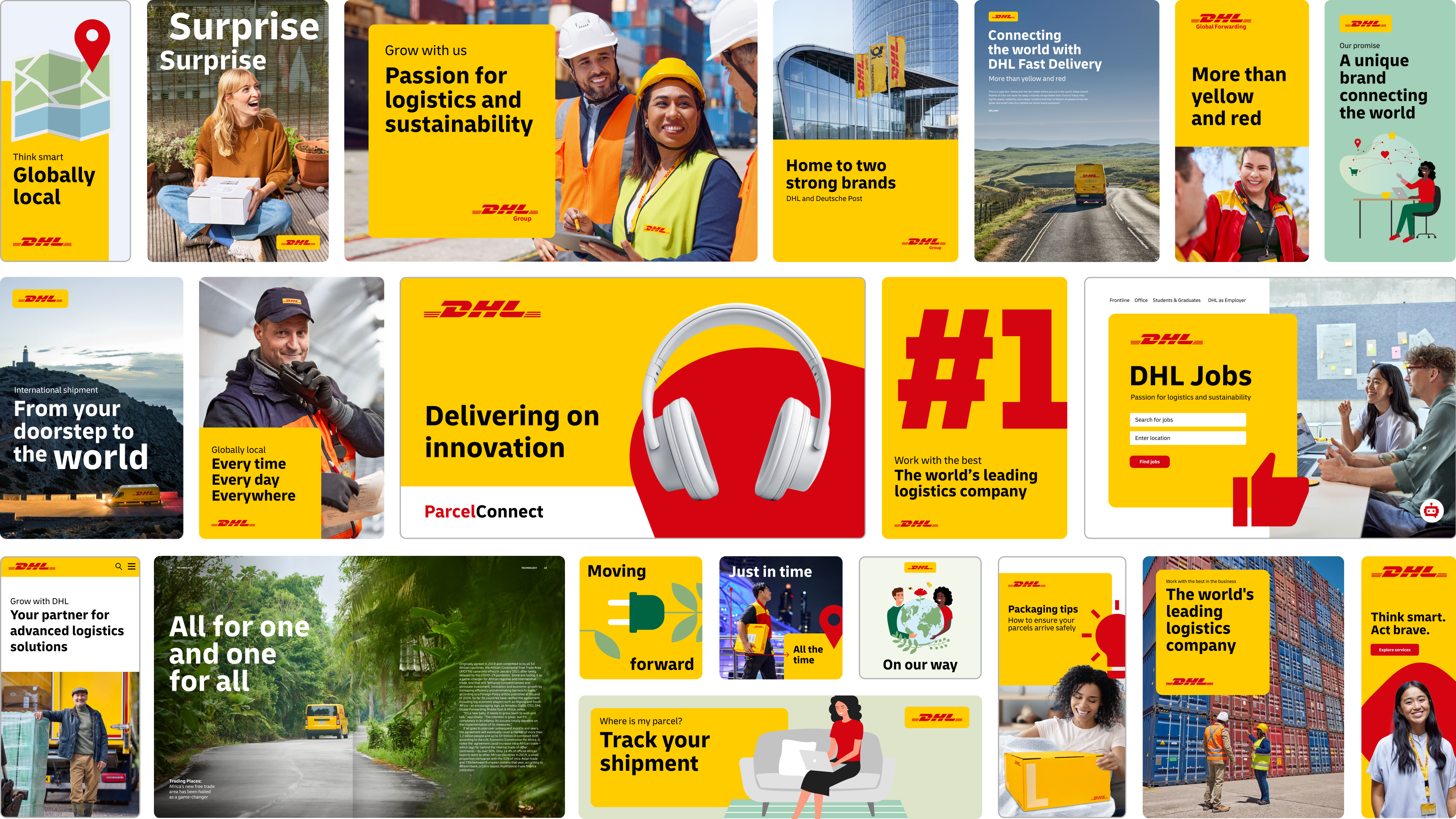 An overview of over 20 DHL communication media showcasing DHL’s flexible design: advertisements, posters, web designs, magazines, and social media posts.