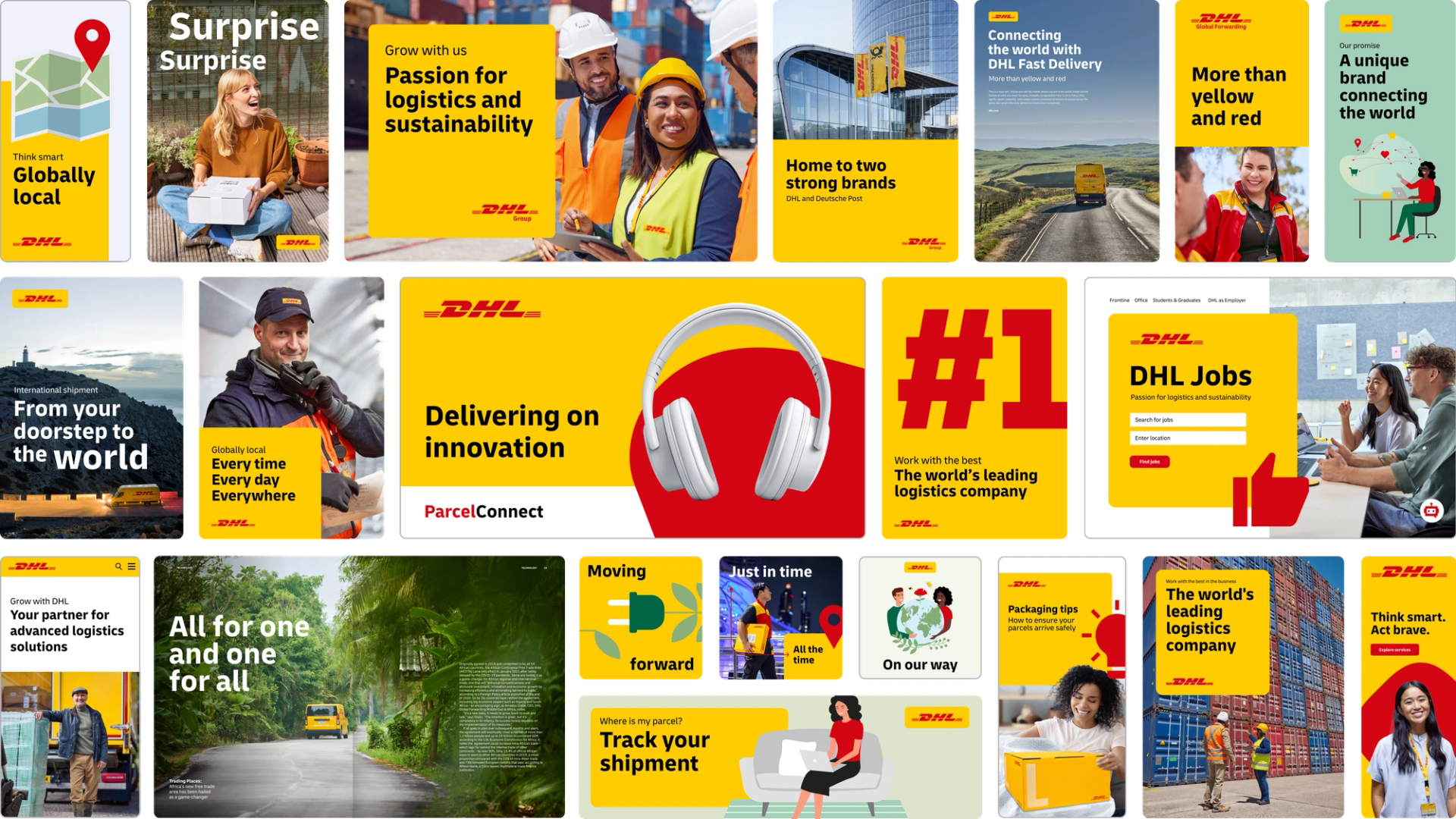 An overview of over 20 DHL communication media showcasing DHLâs flexible design: advertisements, posters, web designs, magazines, and social media posts.