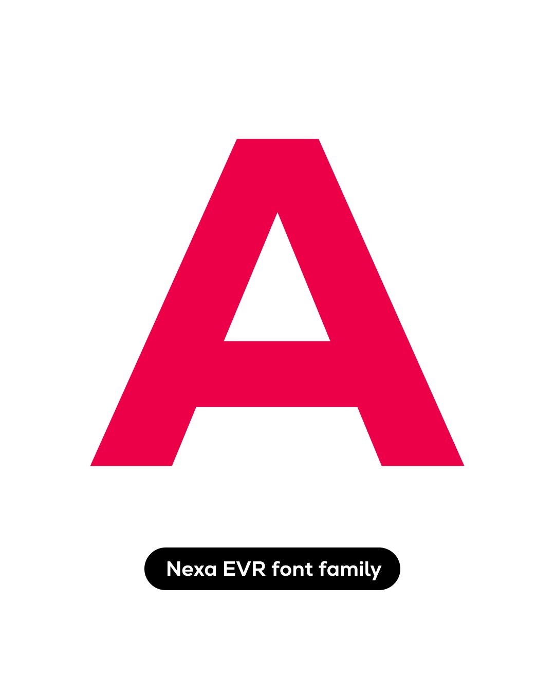 Gif of Everllence Typography “Nexa EVR” with Energy Red Letters on White background. Showing all alphabet characters from A - Z, numbers and other font characters.