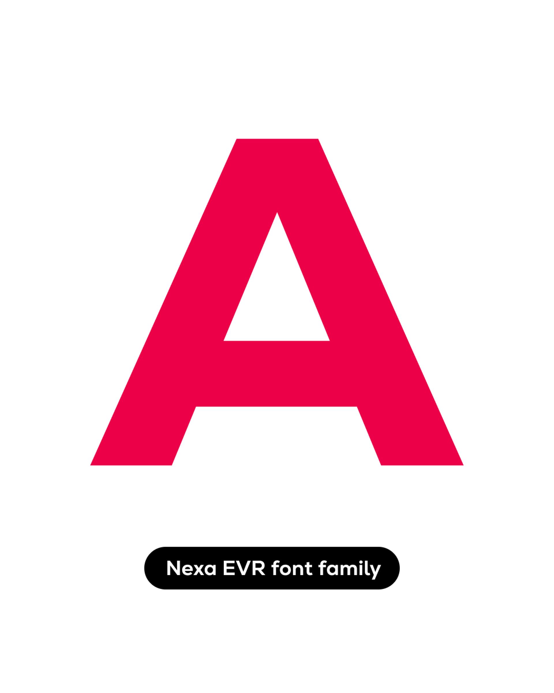 Gif of Everllence Typography “Nexa EVR” with Energy Red Letters on White background. Showing all alphabet characters from A - Z, numbers and other font characters.