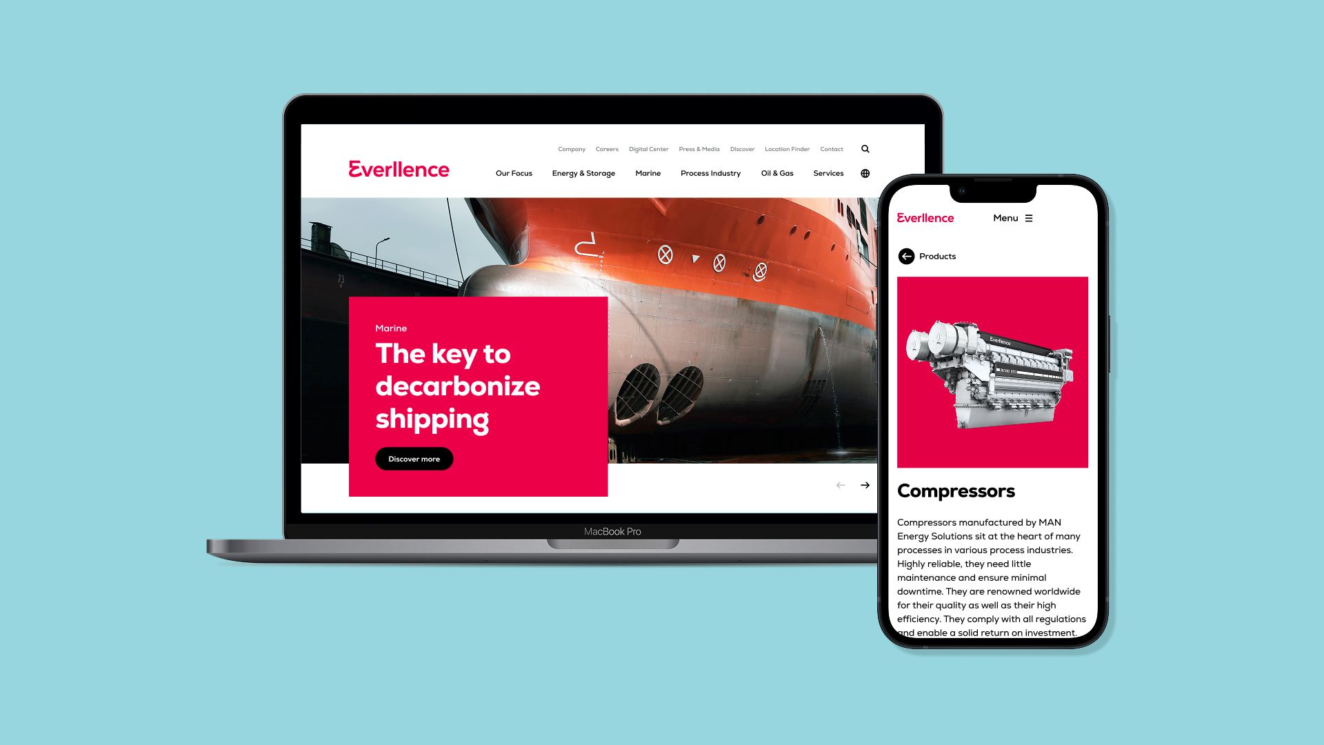 A MacBook and a smartphone showcase the responsive Everllence website, with the laptop displaying a hero section about decarbonizing shipping and the mobile screen featuring a detailed product page for industrial compressors.