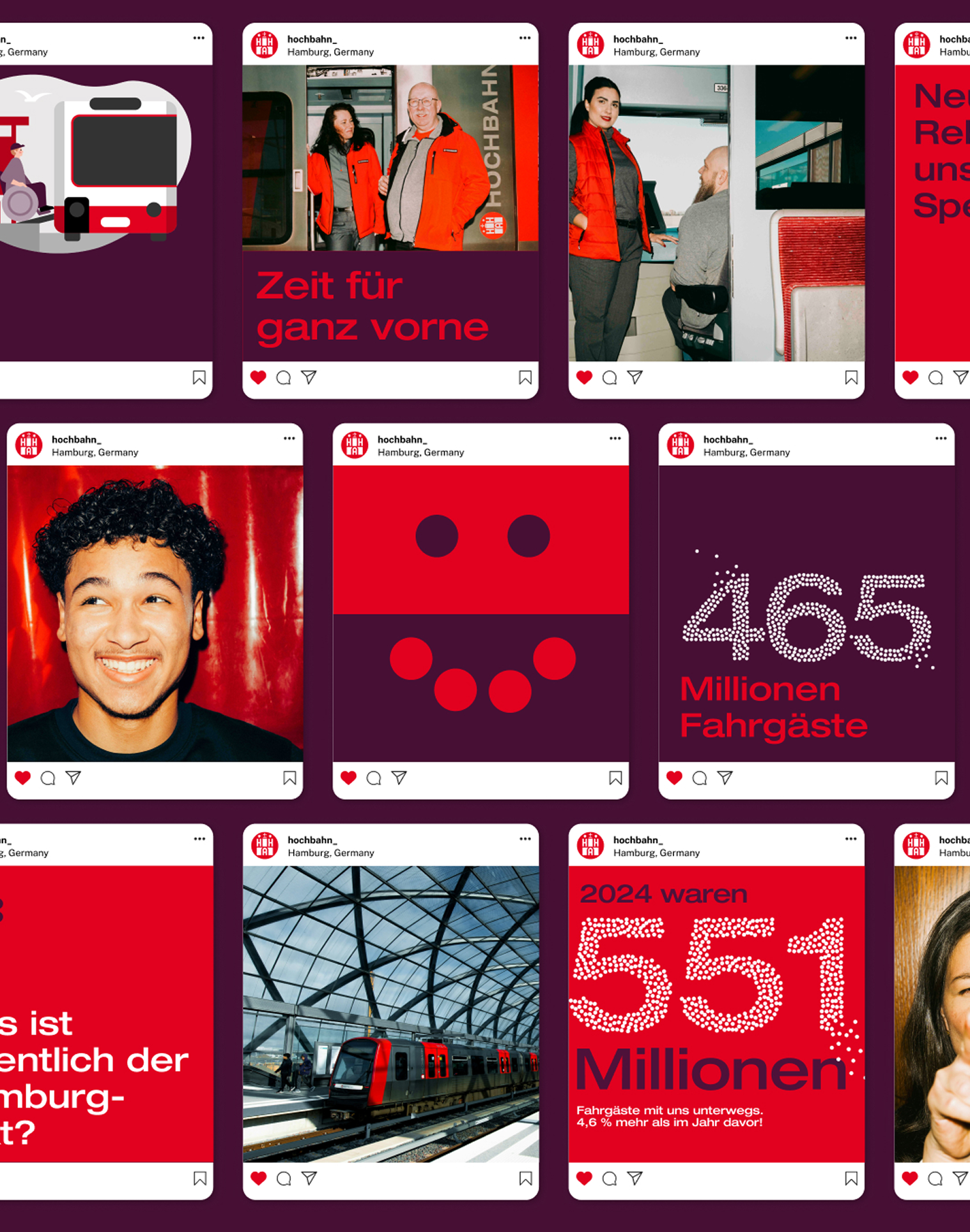 Social Media Posts, welche Illustrationen, Typographie, Fotos oder die "Hochbahn Stipples" nutzen.