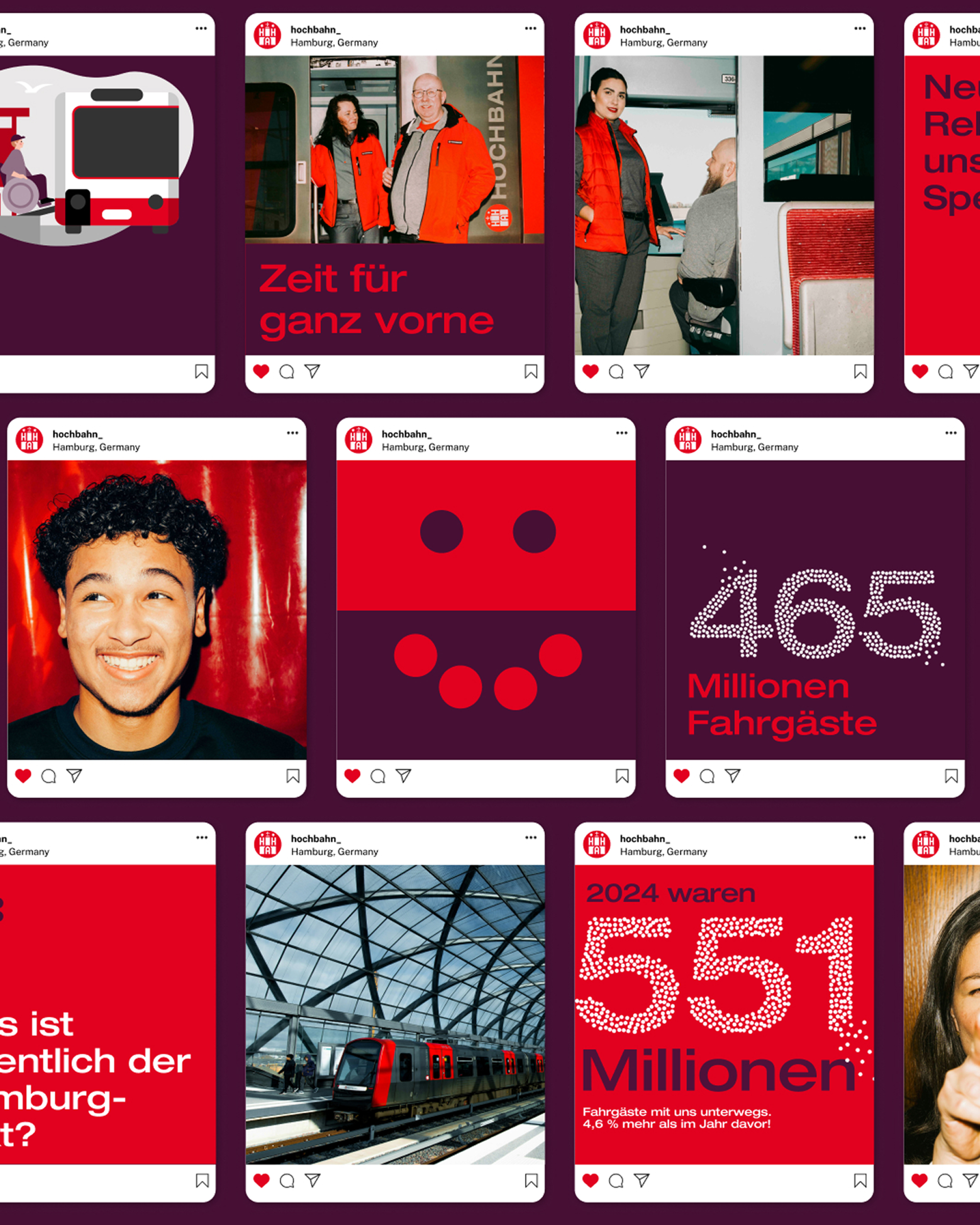 Social Media Posts, welche Illustrationen, Typographie, Fotos oder die "Hochbahn Stipples" nutzen.