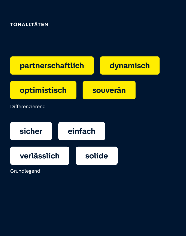 Die HUK teilt Markentonalitäten in zwei Kategorien: Die „differenzierenden“ Tonalitäten (partnerschaftlich, dynamisch, optimistisch, souverän) auf  und die „grundlegenden“ Tonalitäten (sicher, einfach, verlässlich, solide).