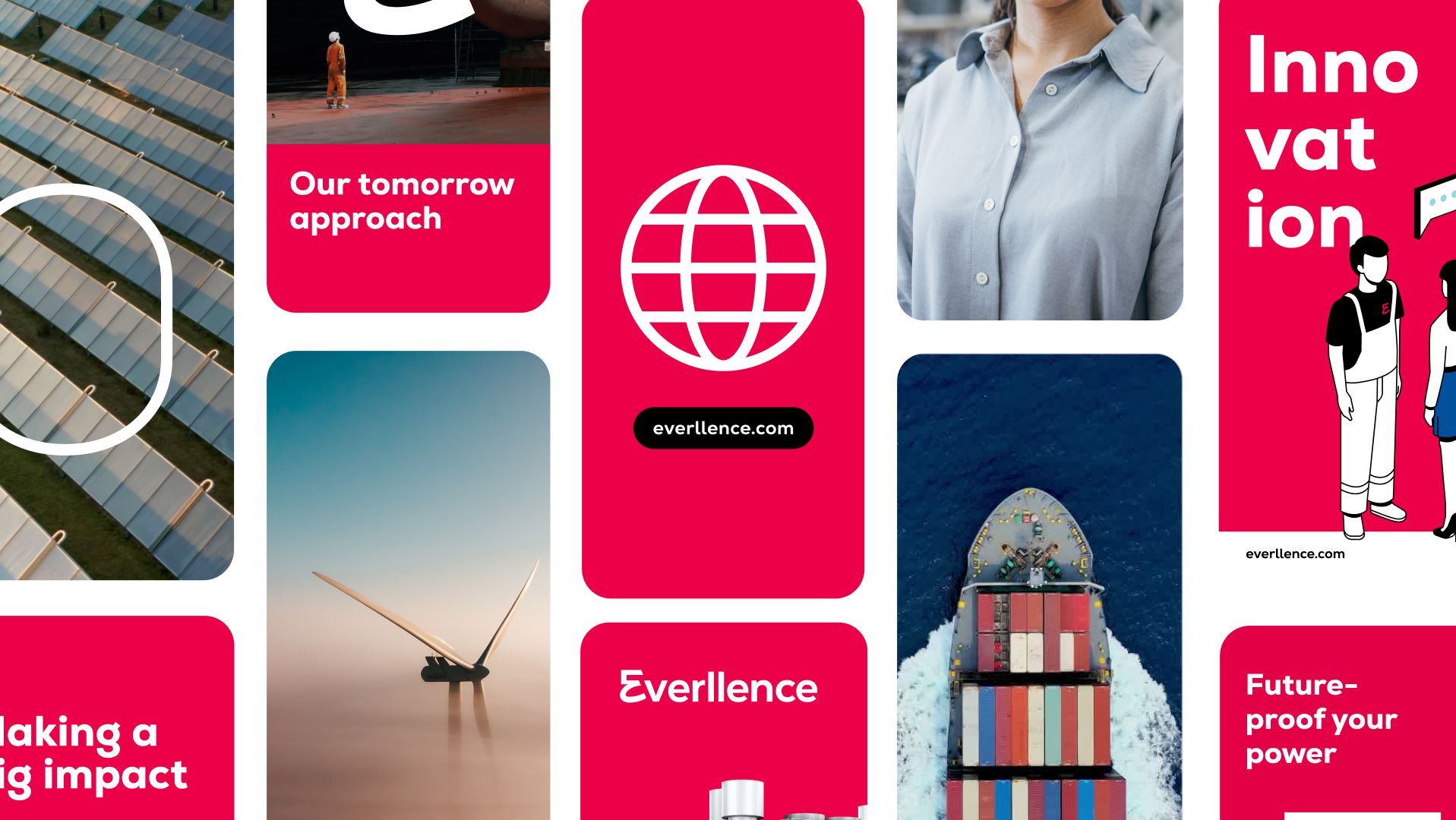 An animated GIF showcasing the Everllence brand identity through a dynamic grid where various elements (including industrial photography, sustainability icons, and corporate messaging) alternately expand to fill the frame. 