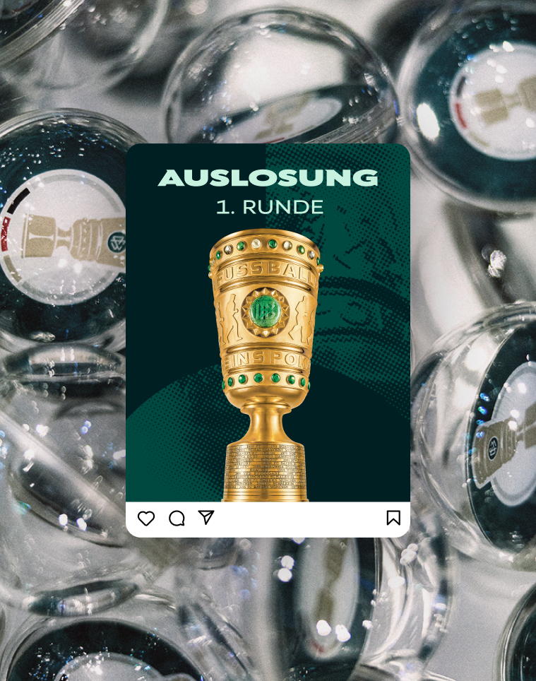 Instagram-Post-Mockup für die Auslosung der 1. Runde im DFB-Pokal mit Pokaltrophäe auf grünem Grund.