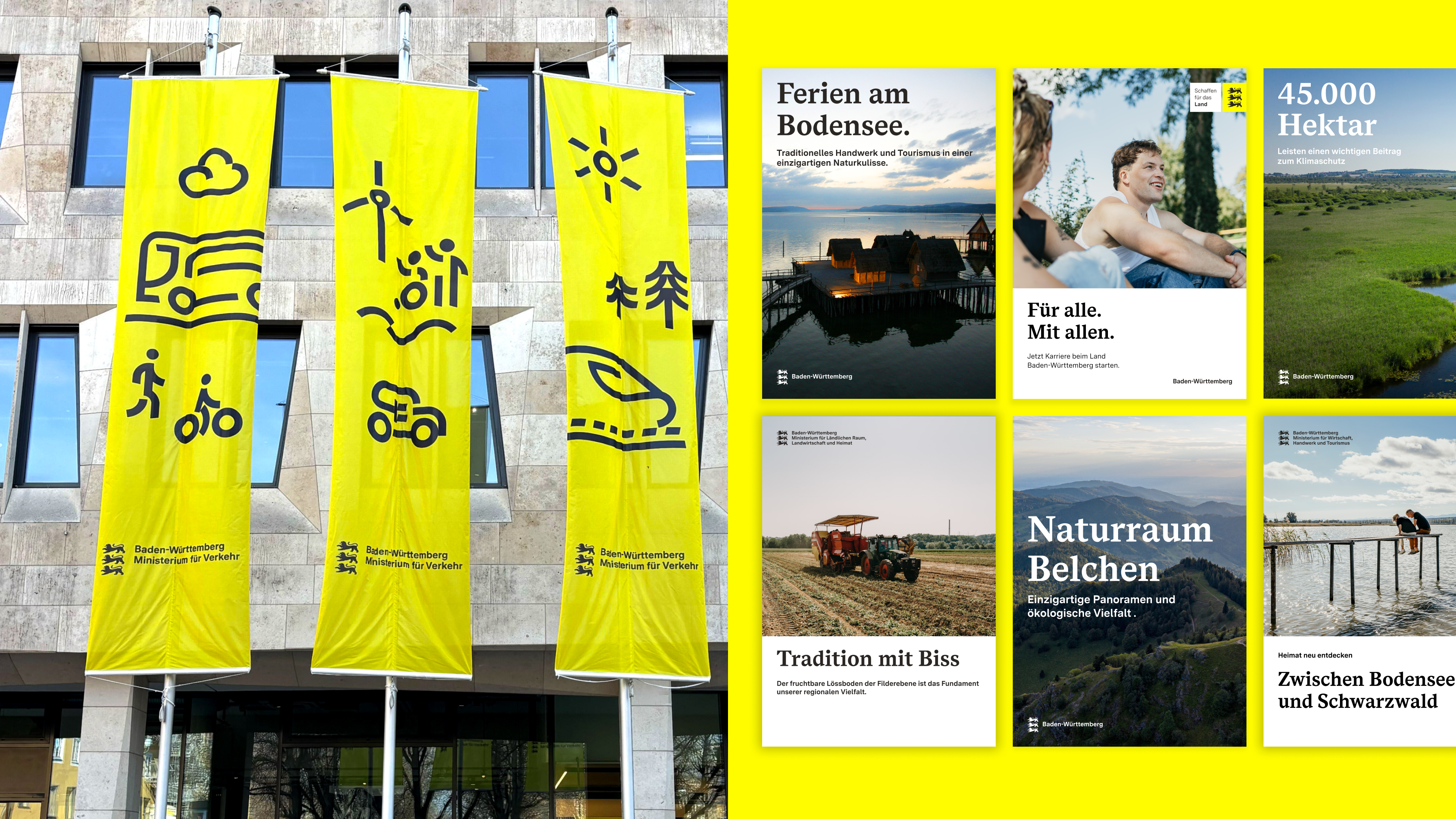 Fahnen mit Icons aus dem Branding und Posterbeispiele im Landesdesign