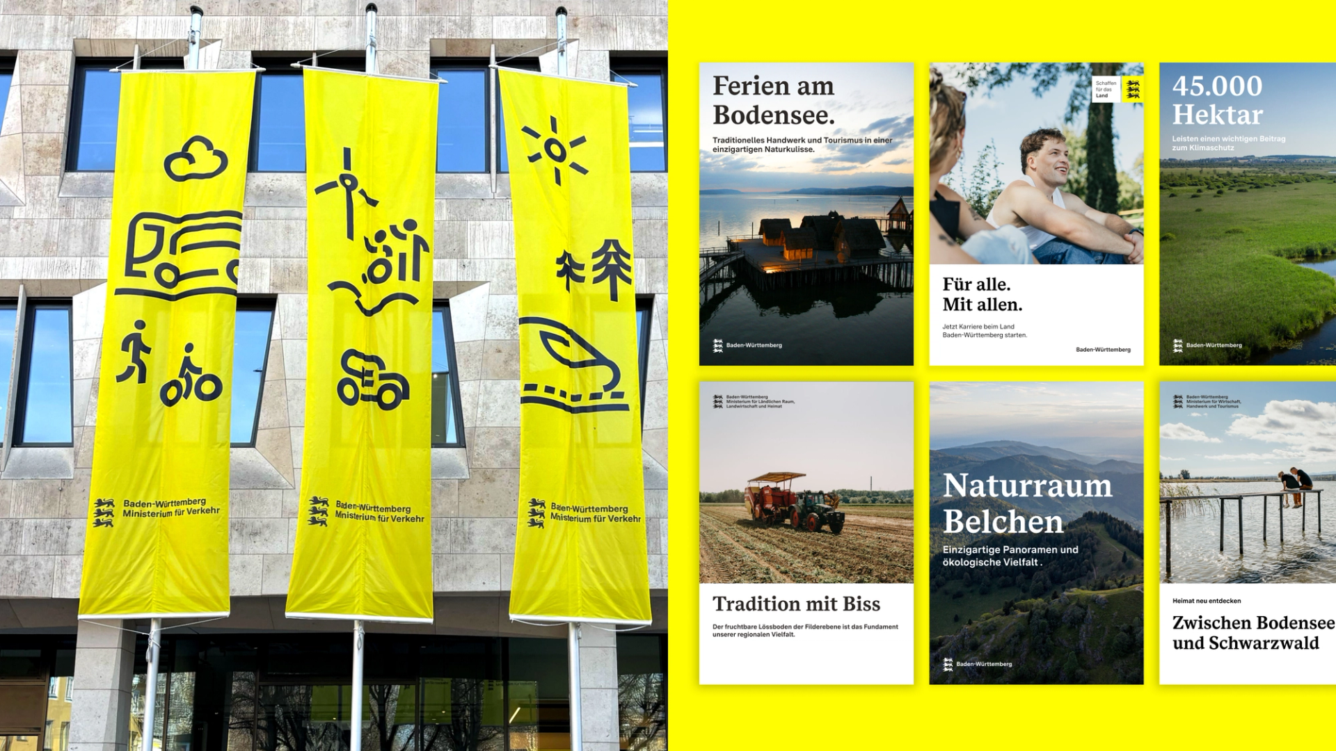 Fahnen mit Icons aus dem Branding und Posterbeispiele im Landesdesign