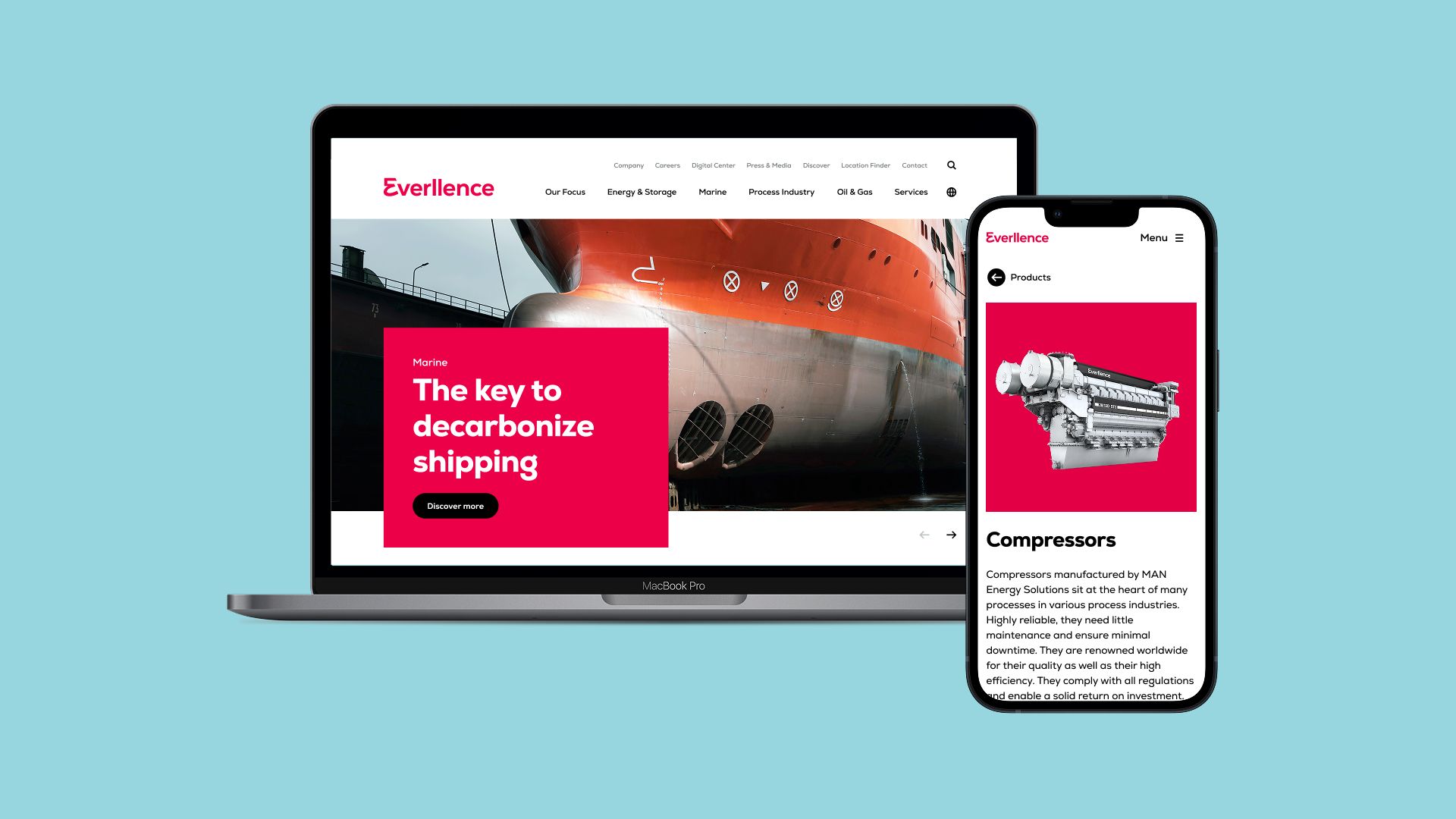 A MacBook and a smartphone showcase the responsive Everllence website, with the laptop displaying a hero section about decarbonizing shipping and the mobile screen featuring a detailed product page for industrial compressors.