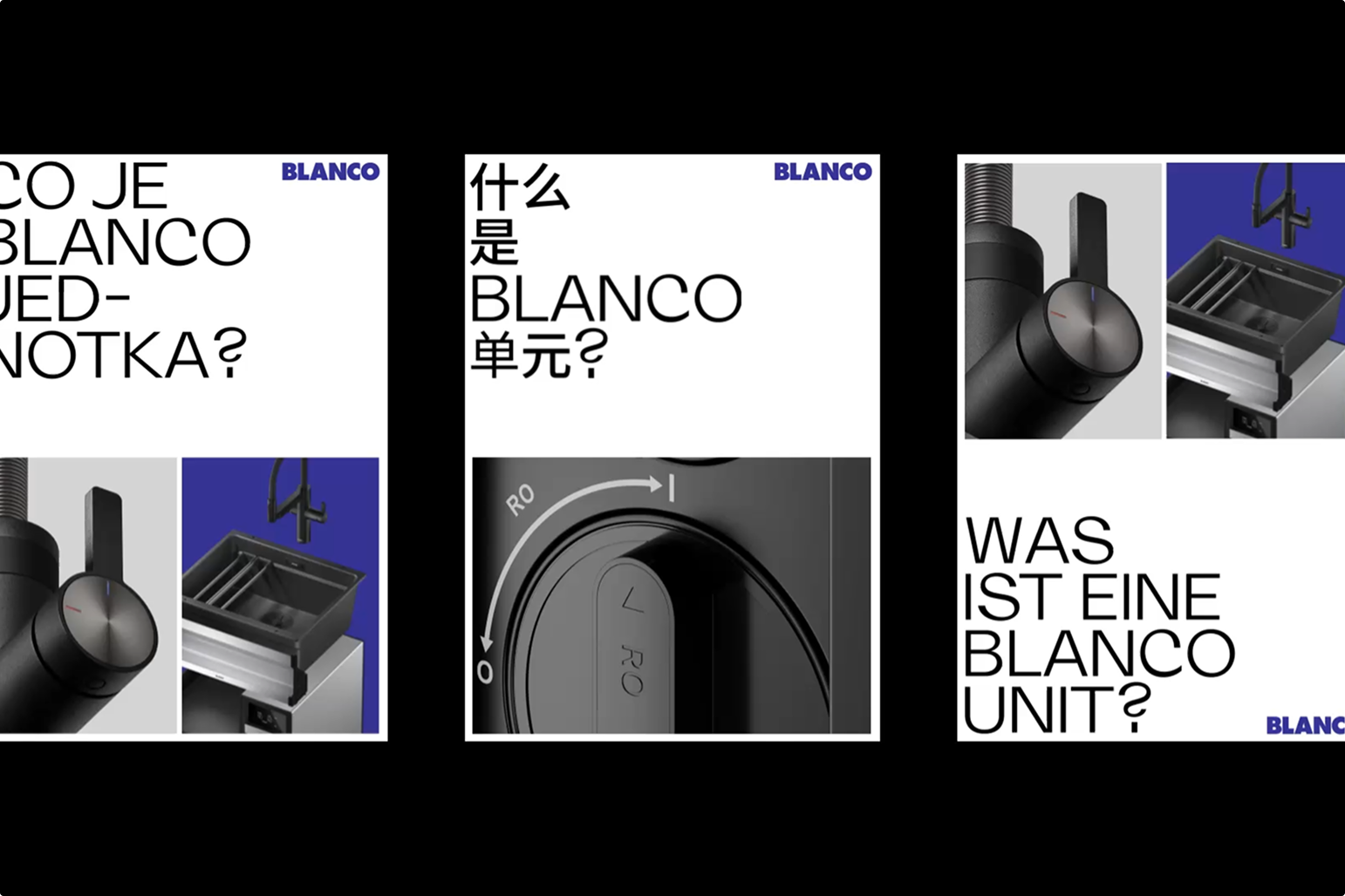Sprachversionen des Posters mit Headline "Was ist eine Blanco Unit?" und dazugehörigen Renderings der Blanco Unit.