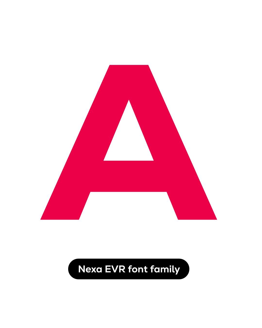 Gif of Everllence Typography “Nexa EVR” with Energy Red Letters on White background. Showing all alphabet characters from A - Z, numbers and other font characters.