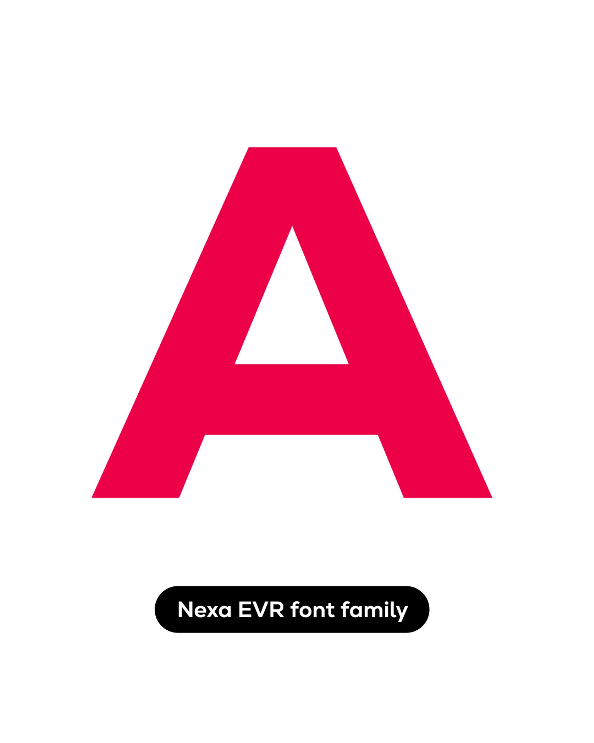 Gif of Everllence Typography “Nexa EVR” with Energy Red Letters on White background. Showing all alphabet characters from A - Z, numbers and other font characters.