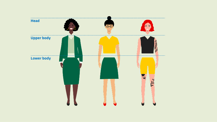 Animation eines modularen Illustrationssystems: Drei gezeichnete Frauen, deren Köpfe, Oberkörper und Beine sich dynamisch austauschen lassen.