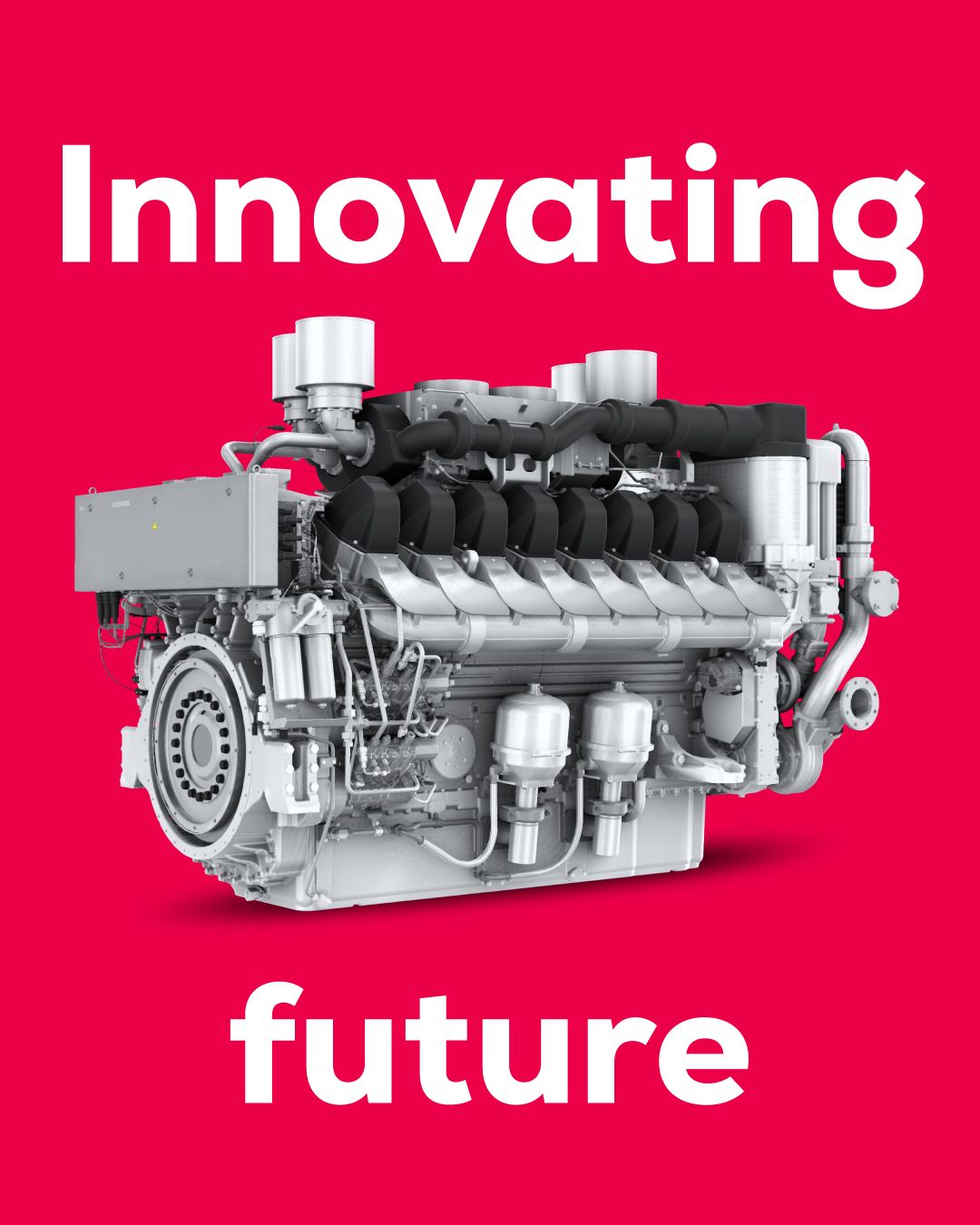 An animated GIF on an Energy Red background featuring a series of high-tech industrial engines and products from Everllence sliding through, framed by the white text "Innovating future.