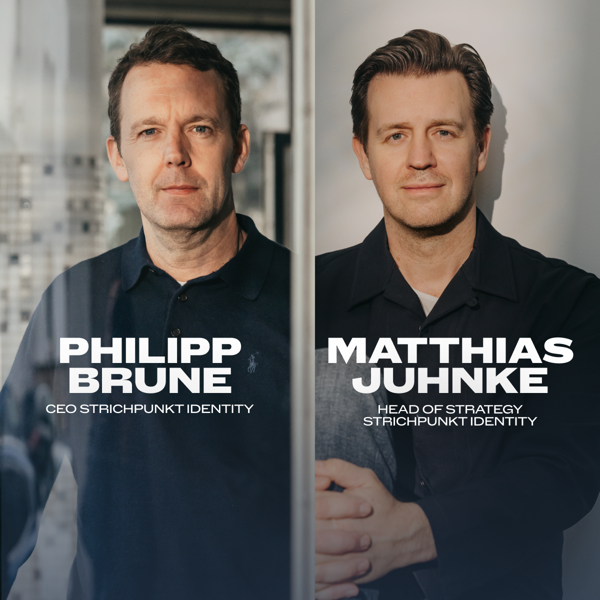 Podcast cover showing Philipp Brune, CEO of Strichpunkt Identity and Matthias Juhnke, Head of Strategy of Strichpunkt Identity