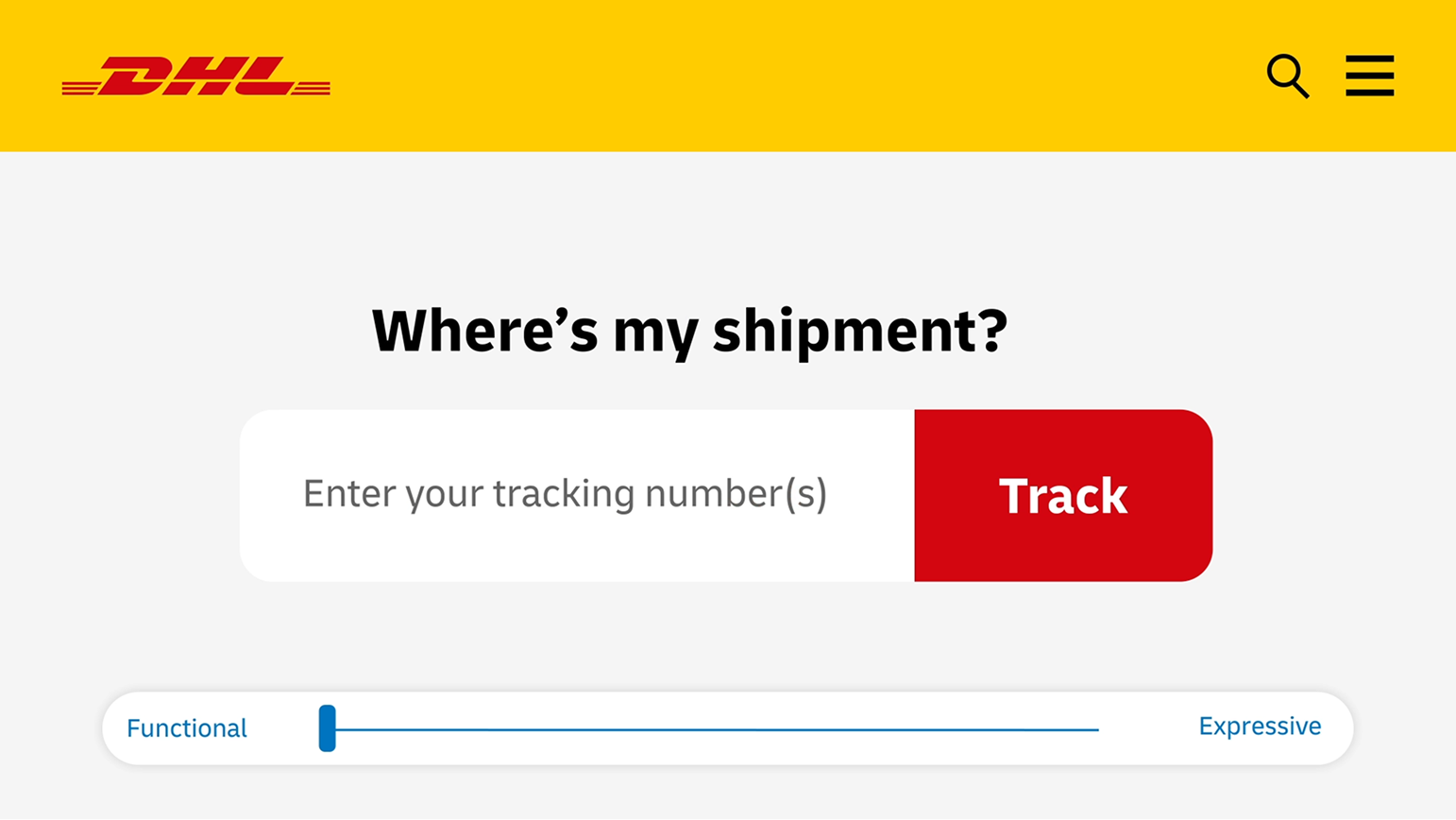 Animation von Design Reglern: Wechsel von funktionalen zu expressiven Layouts sowie dezentem zu plakativem DHL Branding.