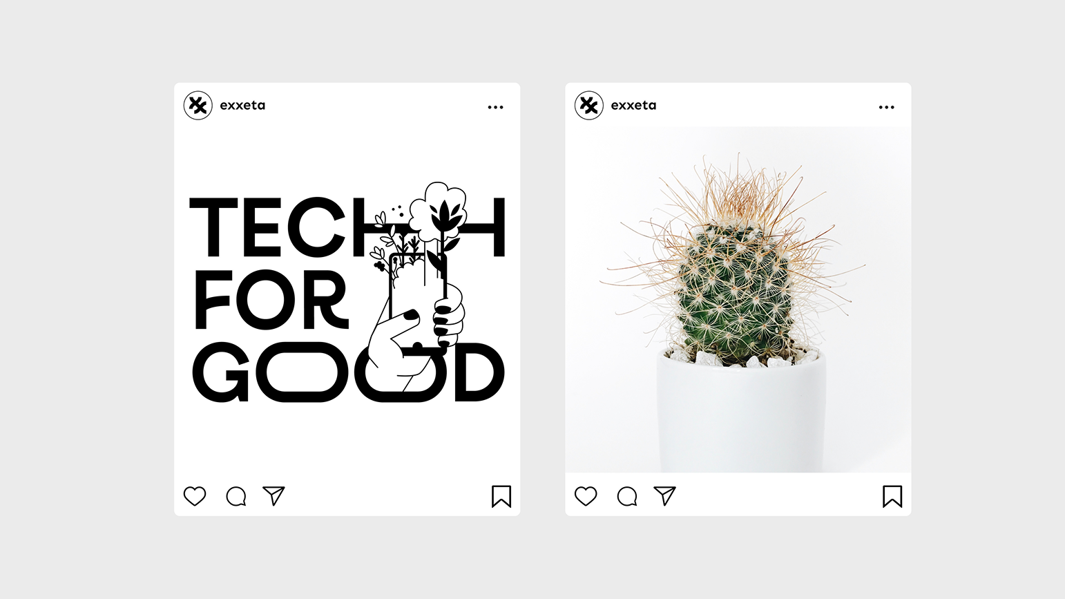 Scrolling through social media posts featuring bold typography and animated black-and-white illustrations.
