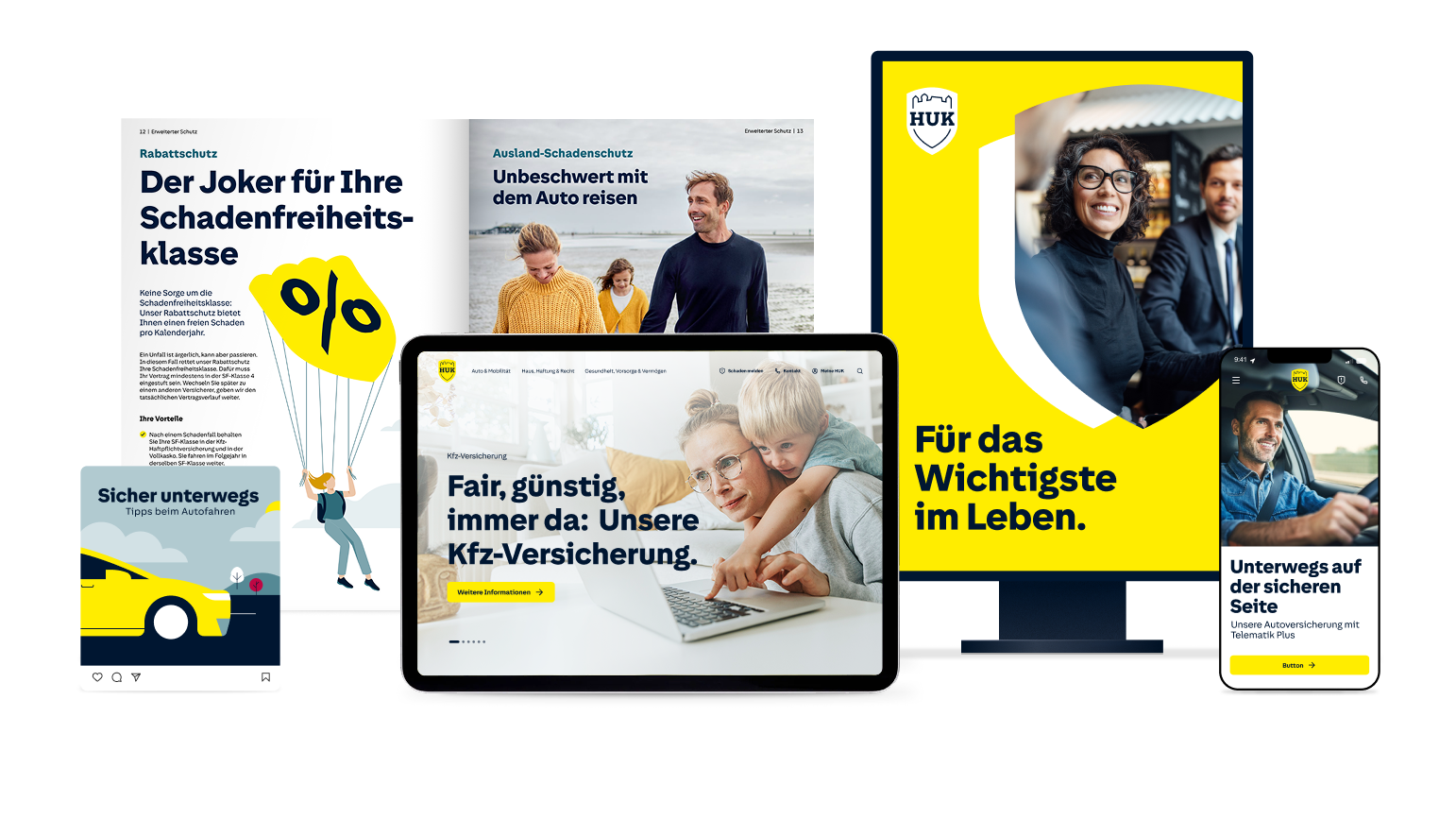Verschiedene digitale Werbemittel auf Desktop-Monitor, Laptop und Tablet im neuen HUK Branding