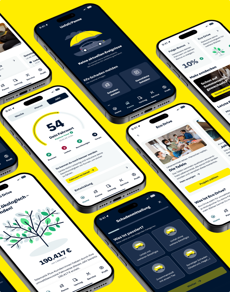 Smartphone Mockup nebeneinander, die die mobile App-Oberfläche mit dunklem Modus und gelben Akzenten zeigen.