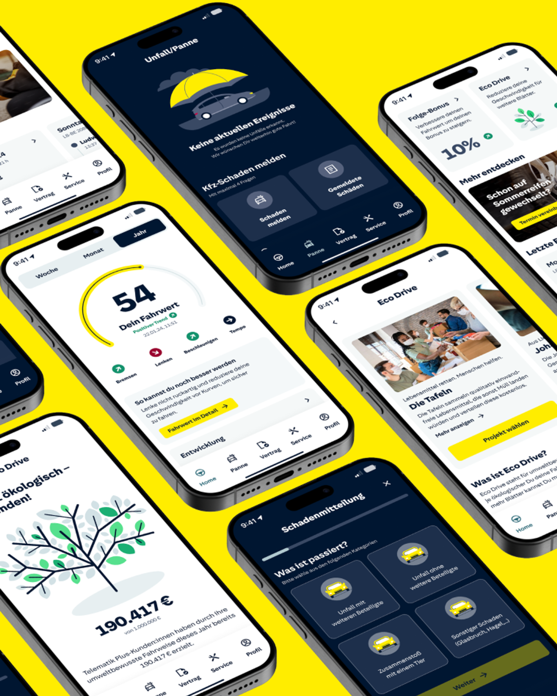 Smartphone Mockup nebeneinander, die die mobile App-Oberfläche mit dunklem Modus und gelben Akzenten zeigen.