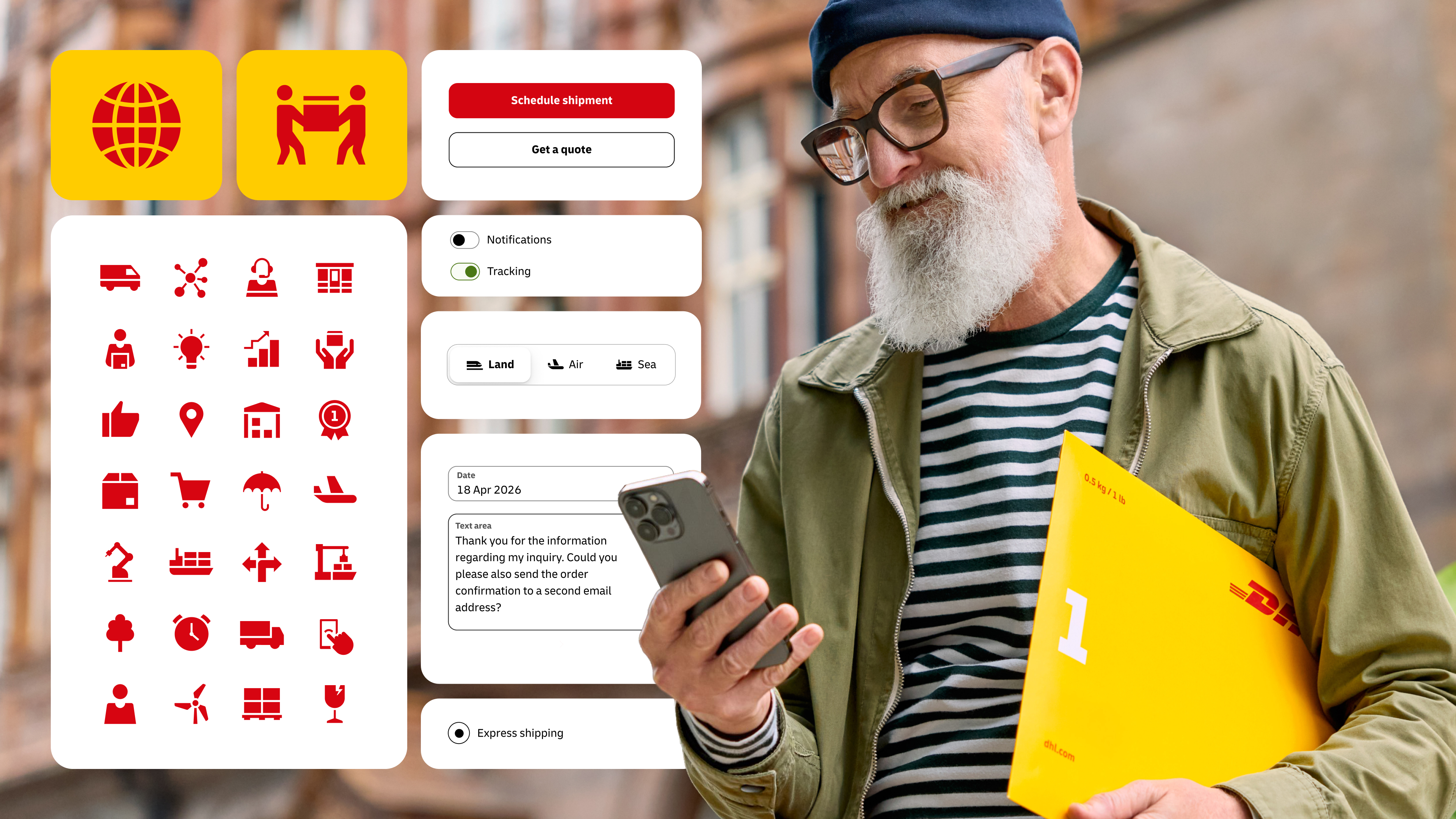 DHL Interface Design: Photo of a man with a smartphone and a yellow envelope next to various interface elements such as icons, buttons, and input fields