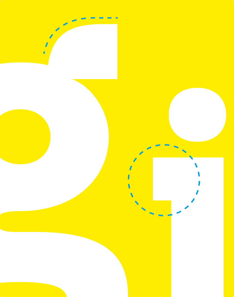 Close up der Buchstaben „g“ und „i“ der Hausschrift HUK Sans. Blaue Kreise markieren spezifische Rundungen und Designmerkmale der Typografie