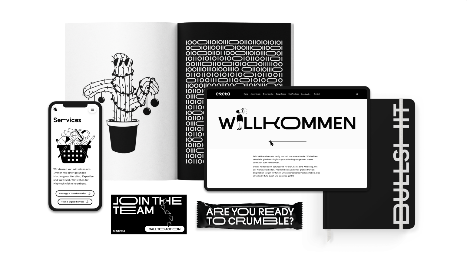 Collection of brand assets including a website with “Willkommen”, a mobile services screen, printed materials, and campaign visuals like “Join the team” and “Are you ready to crumble?”, with a cursor interacting on the screen.