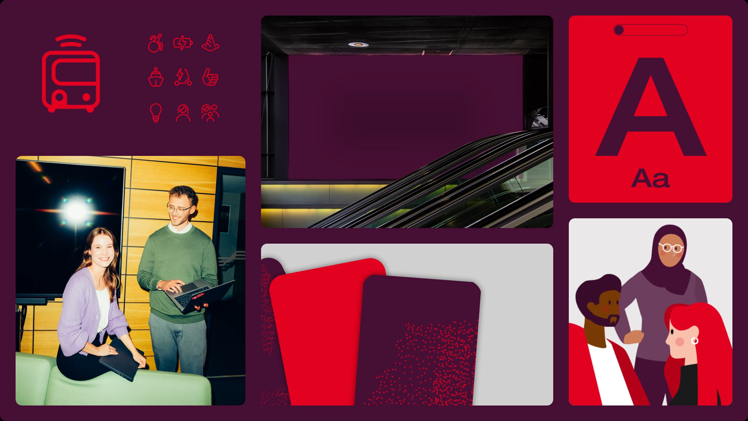Overview of Hochbahn brand elements, like Icons, imagery, typography and illustrations