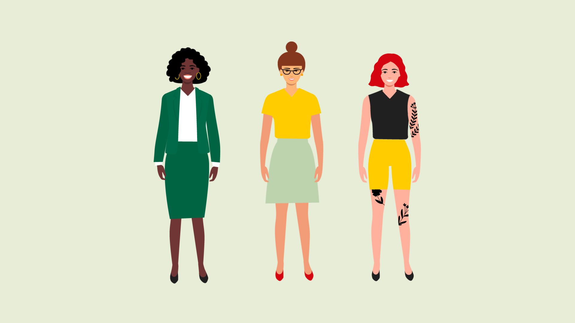 Animation eines modularen Illustrationssystems: Drei gezeichnete Frauen, deren Köpfe, Oberkörper und Beine sich dynamisch austauschen lassen.