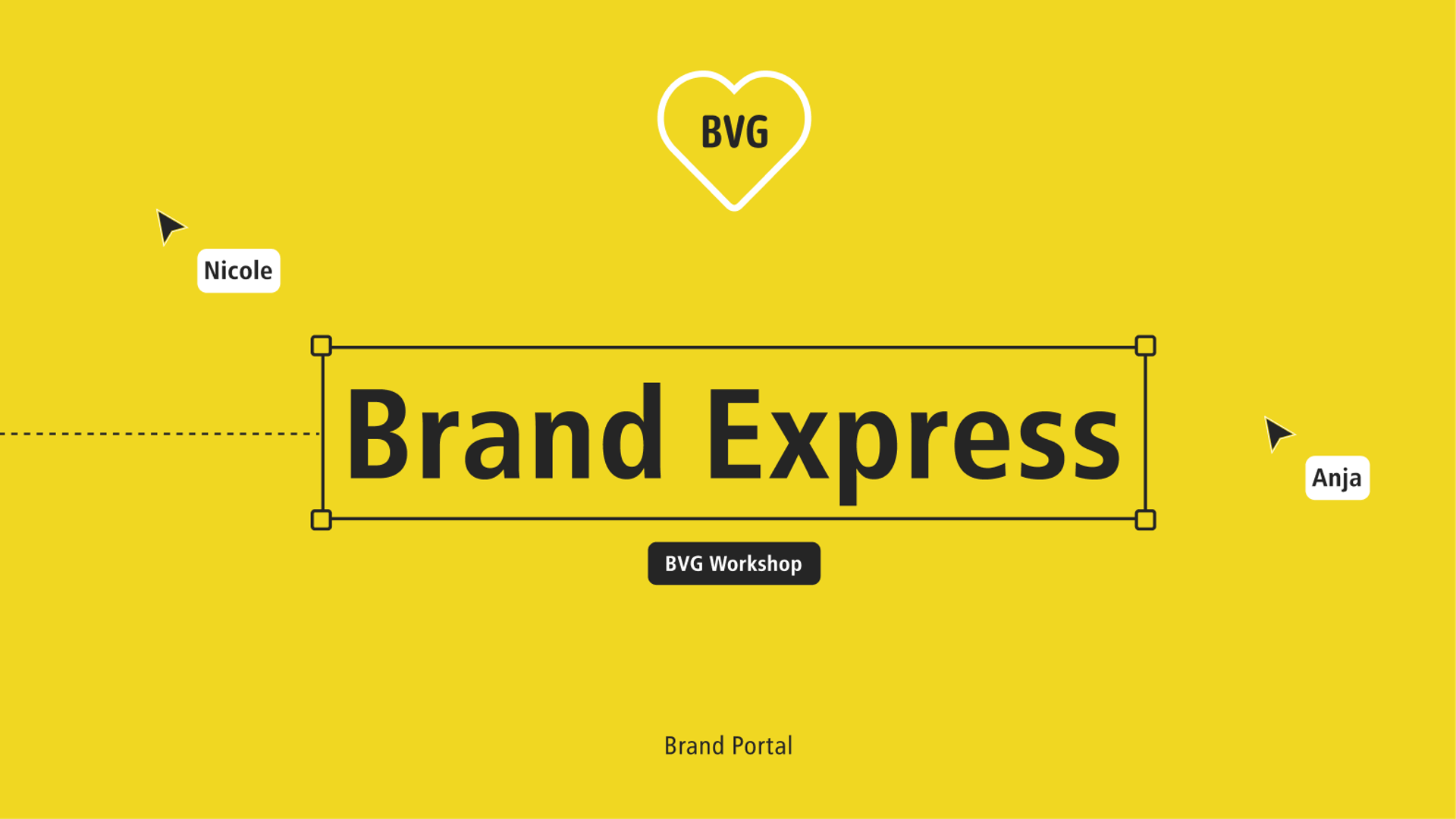 Workshop-Oberfläche für BVG: Gelber Hintergrund mit Textfeld „Brand Express“, Cursor von Nicole und Anja sowie Badge „BVG Workshop“.