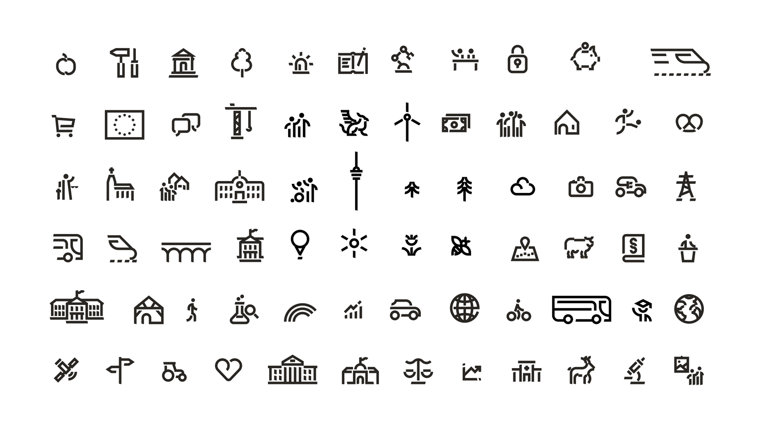 Übersicht der illustrativen Icons, mit markantem Stil, welche zu Iconkompositionen zusammengestellt werden können, um kleine Welten zu zeigen.