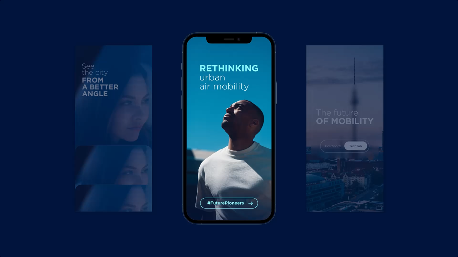 Social media screens: Portrait format images with the slogans “Rethinking urban air mobility” and “#FuturePioneers”